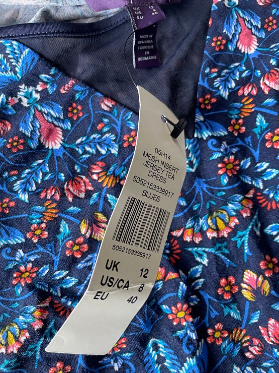 Vintage Floral printed blue A-line maxi dress UK 12| L41 W21|SKU 4773