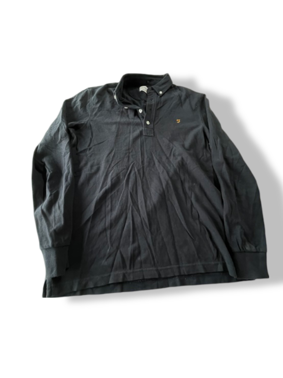 Vintage men's Farah black regular fit long sleeve polo shirt in S|L28W19|SKU 4803