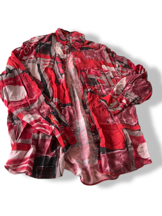 Vintage men's red abstract geometric print long sleeve shirt in L/XL|L32W23|SKU 4808