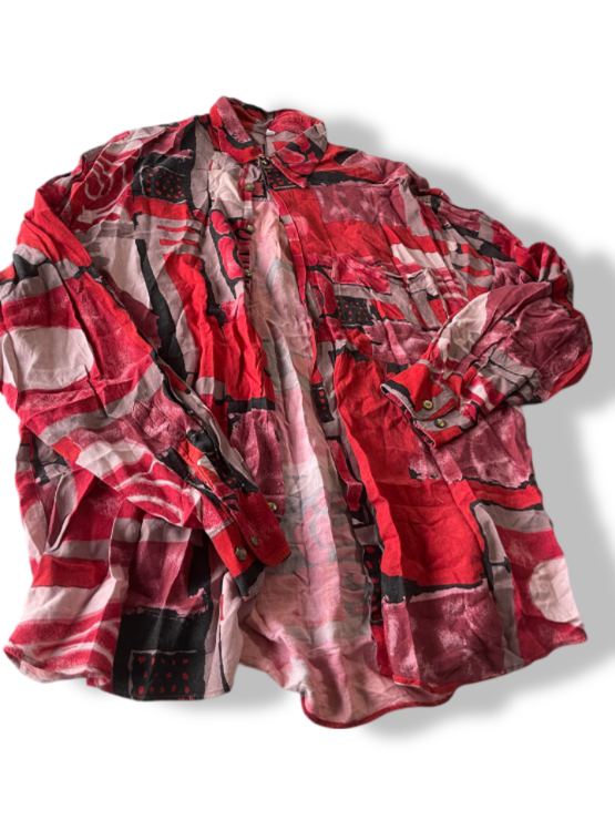 Vintage men's red abstract geometric print long sleeve shirt in L/XL|L32W23|SKU 4808