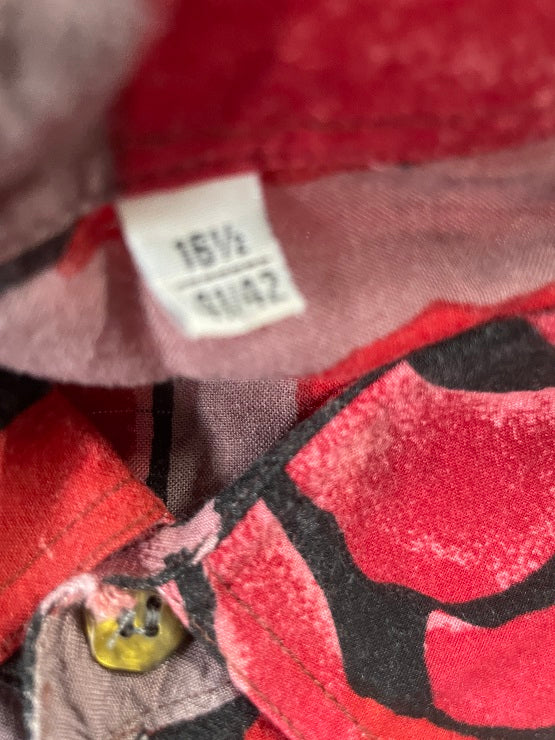 Vintage men's red abstract geometric print long sleeve shirt in L/XL|L32W23|SKU 4808