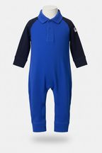 A royal blue baby romper with dark navy sleeves and collar, displayed on a white mannequin torso against a light gray background.
