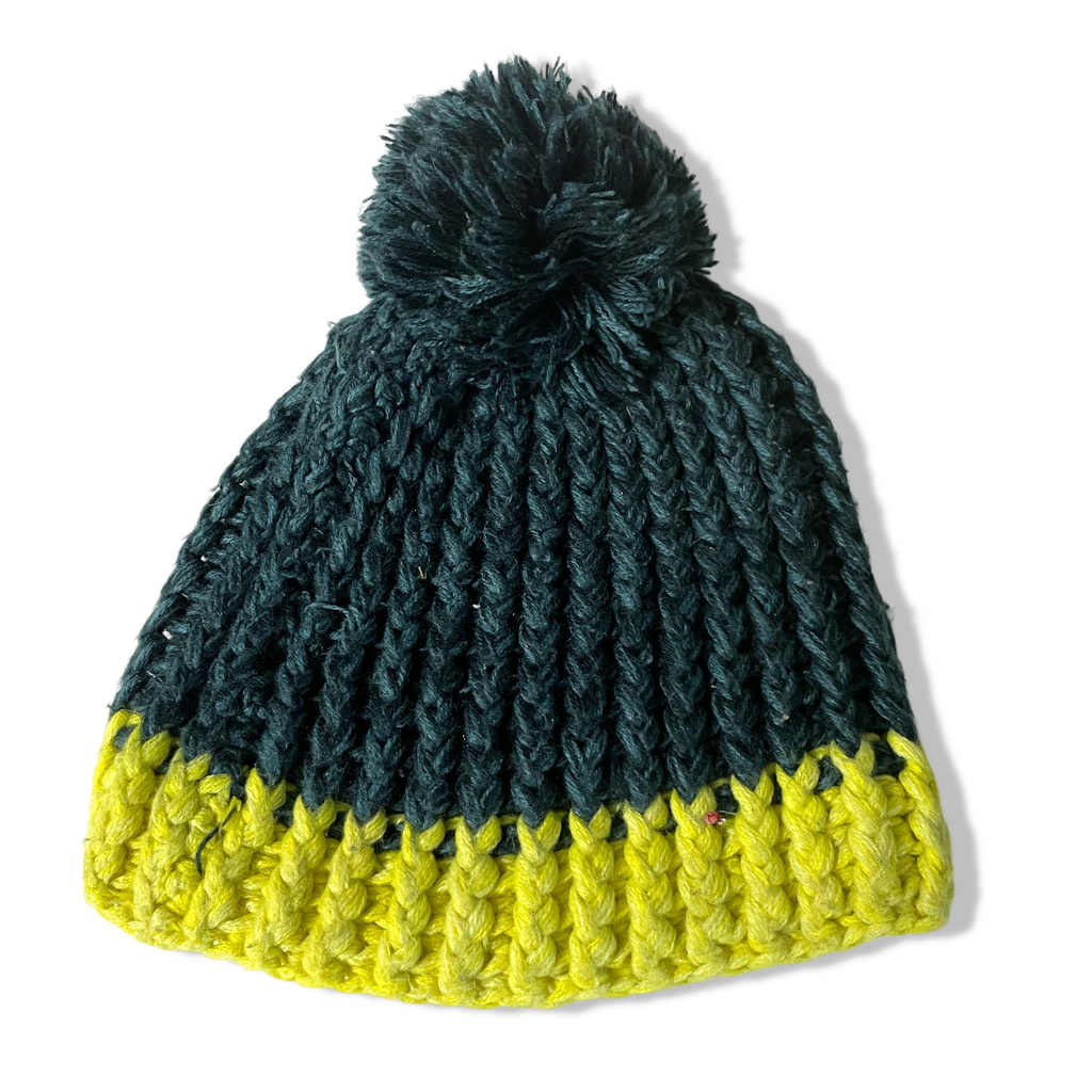 Vintage White stuff green & yellow wool knitted beanie hat|SKU 6337