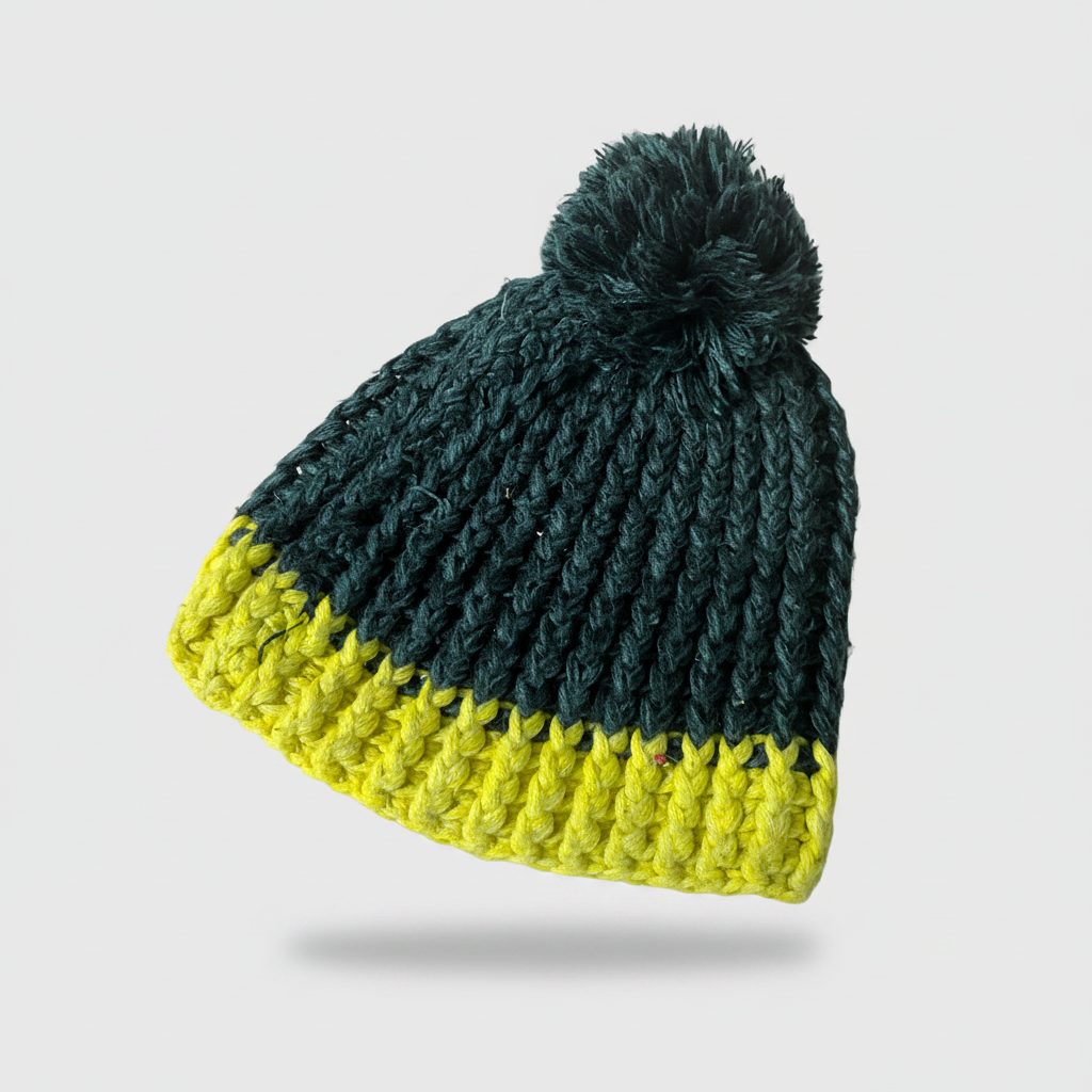Vintage White stuff green & yellow wool knitted beanie hat|SKU 6337