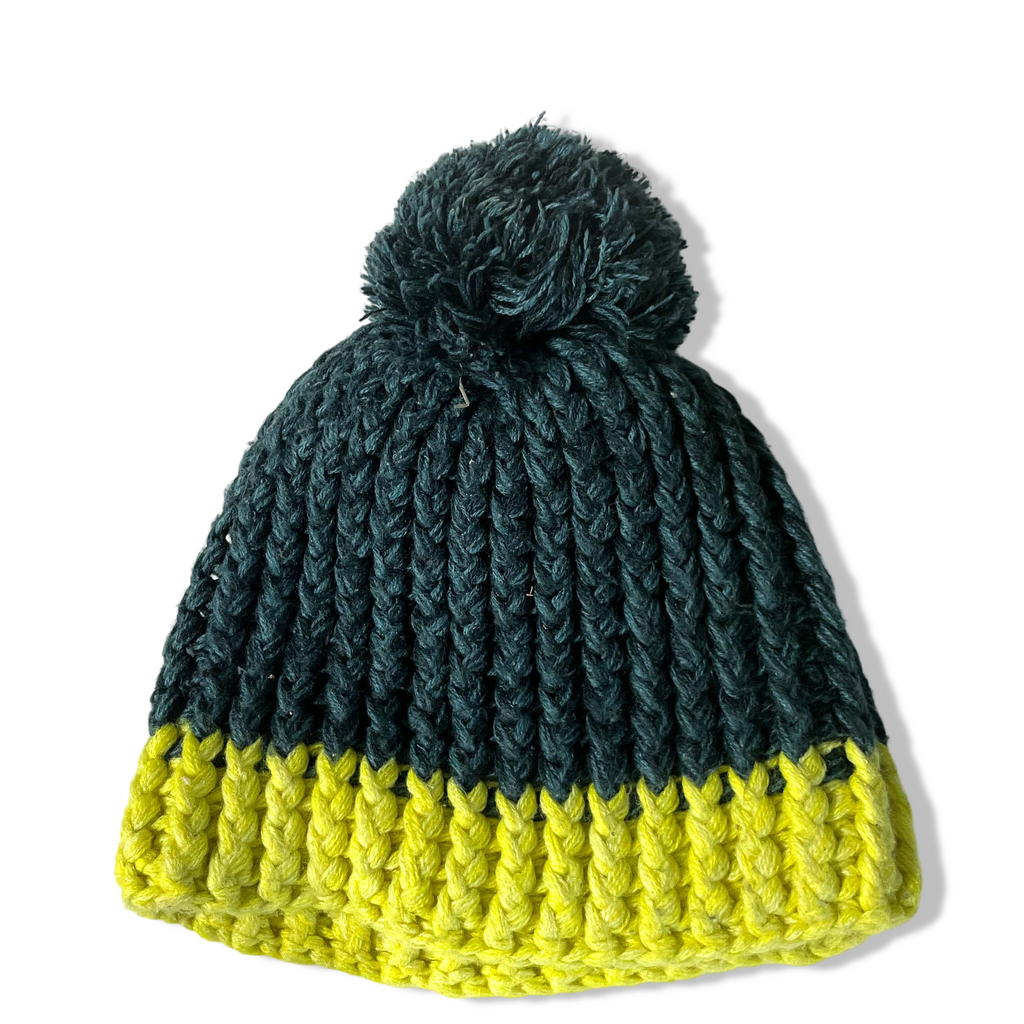 Vintage White stuff green & yellow wool knitted beanie hat|SKU 6337