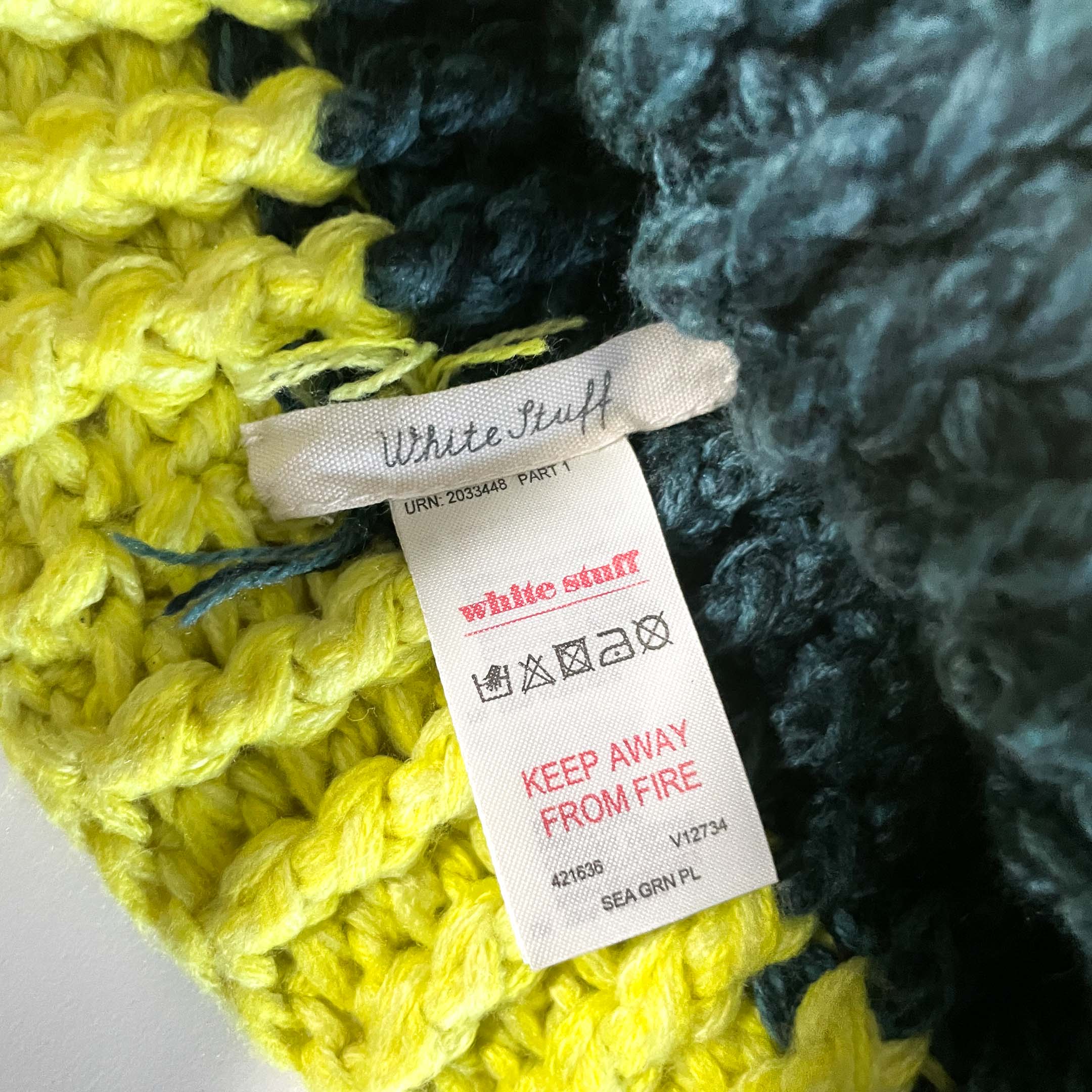 Vintage White stuff green & yellow wool knitted beanie hat|SKU 6337