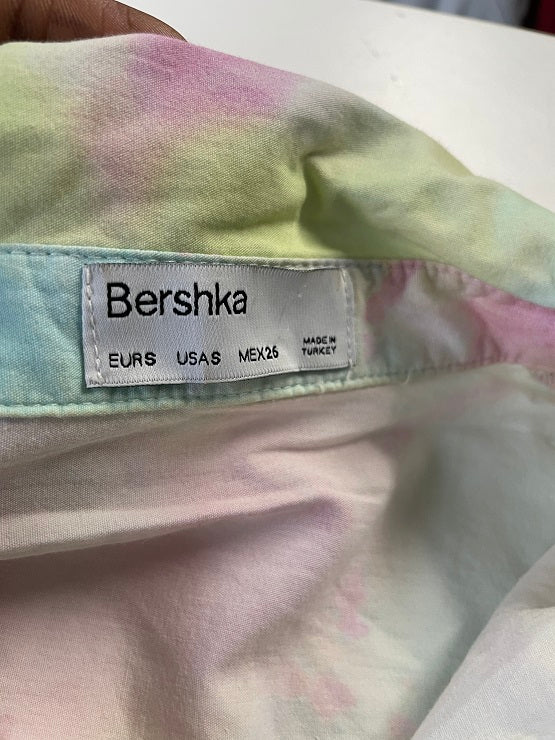 VINTAGE BERSHKA MULTI-COLOUR TYE DYE PRINT COLLARED SHIRT IN S|L30 W26|SKU 4835