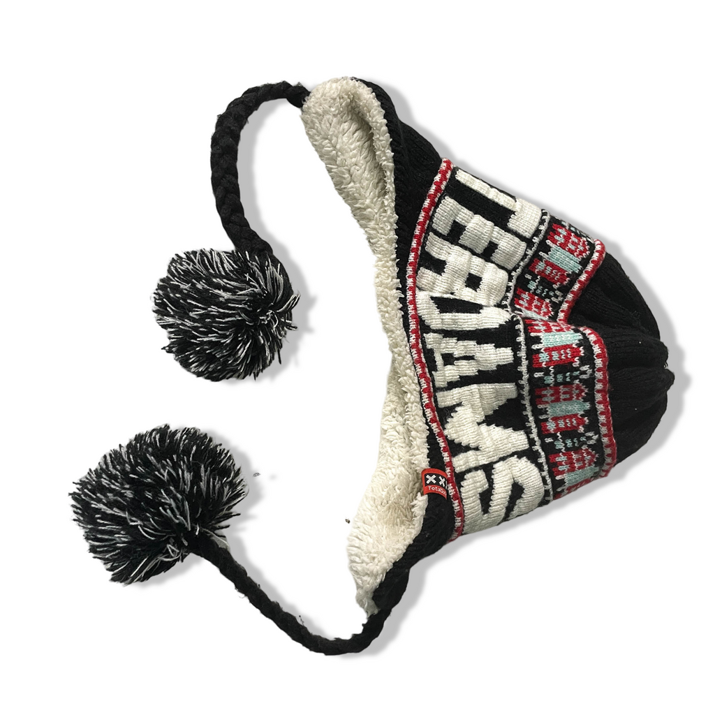 Vintage Amsterdam Braided Womens Earflap Beanie black & white Pompom Hat| SKU 6344