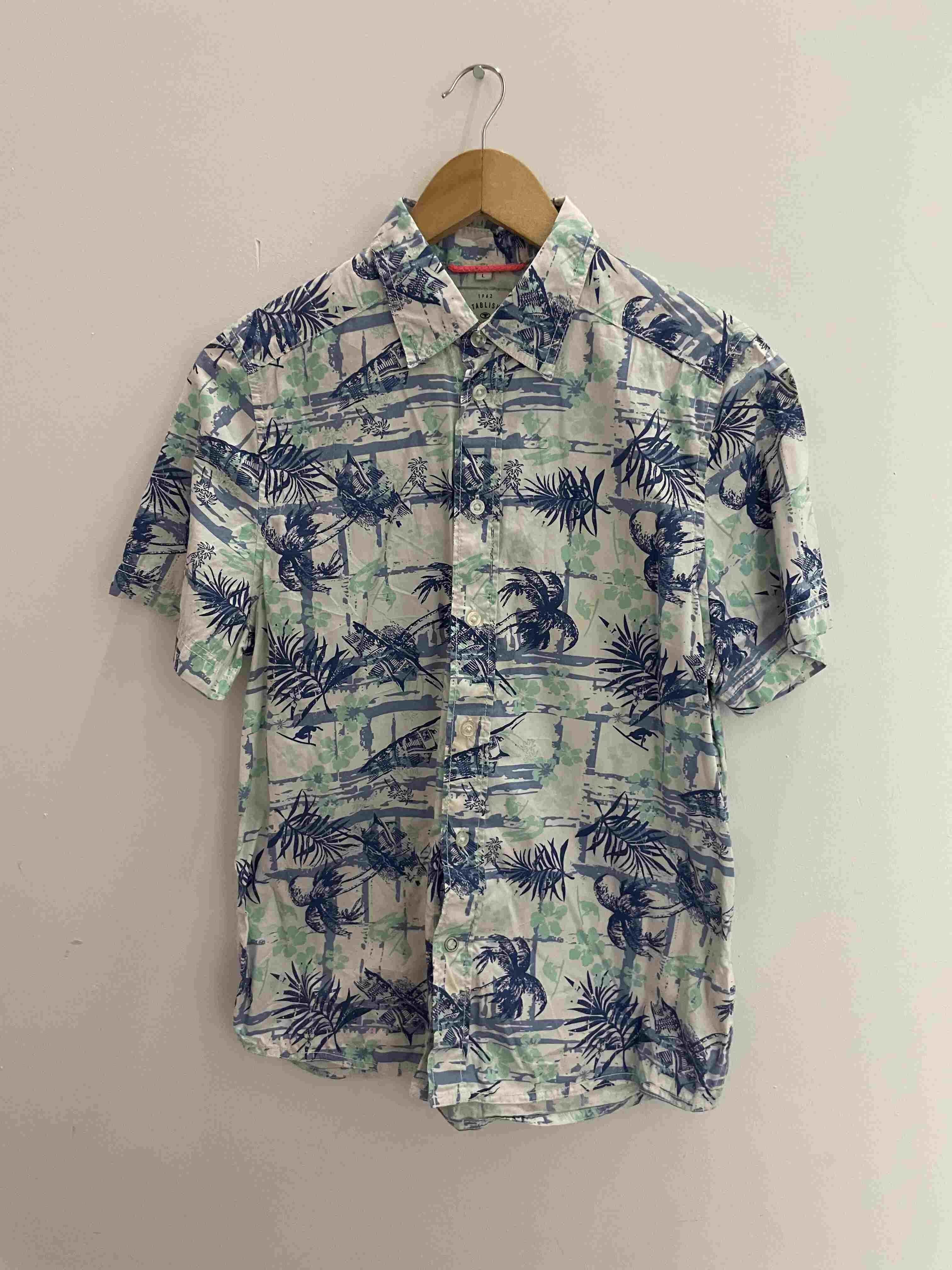 Vintage tom tailor floral pattern blue womens large short sleeve shirt