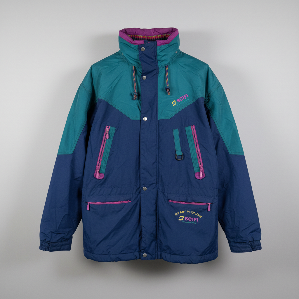 Two-tone blue and teal jacket with pink zippers on a light gray background
