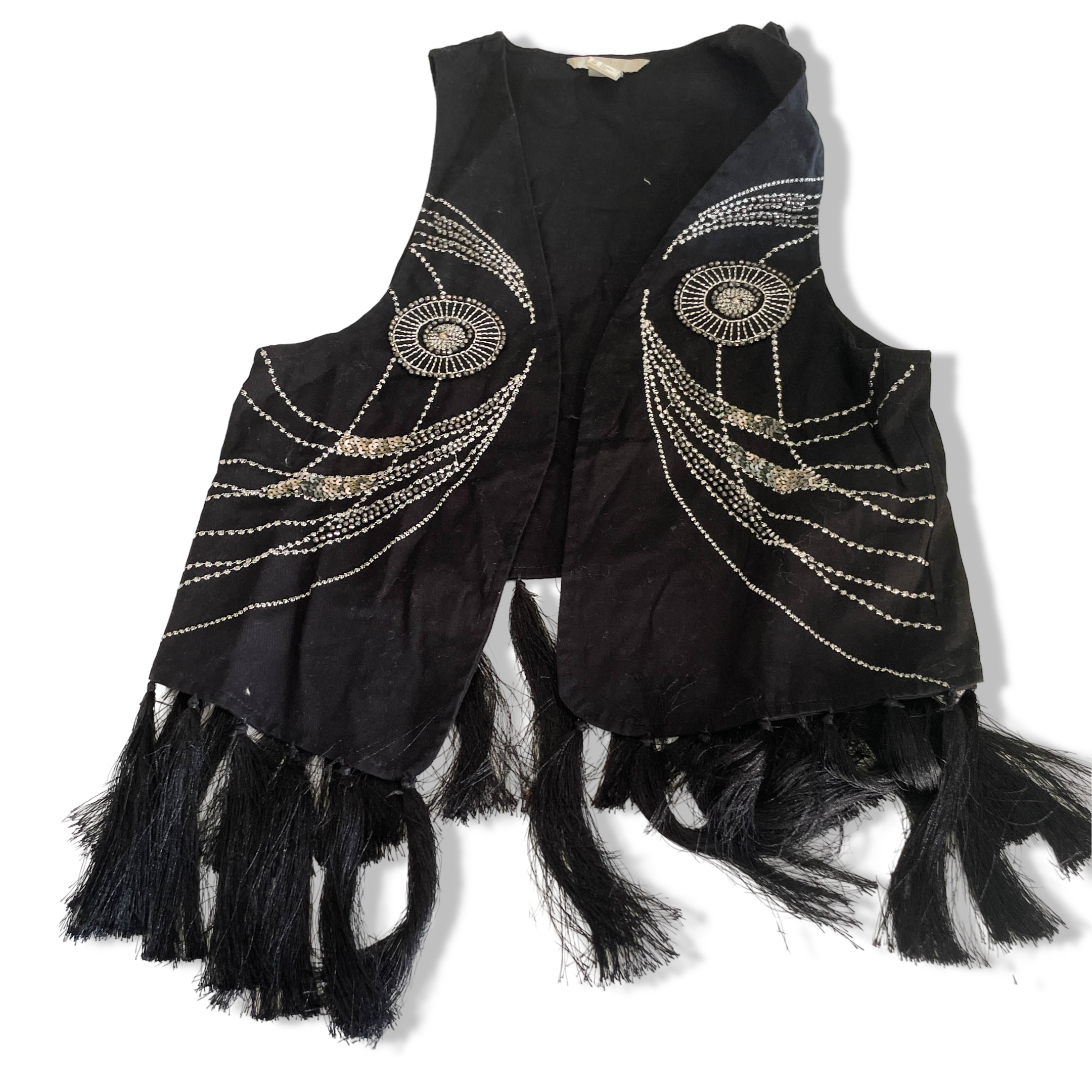 Vintage women H&M black pattern fringe sleeveless jacket in XS|L24 W15|SKU 6374