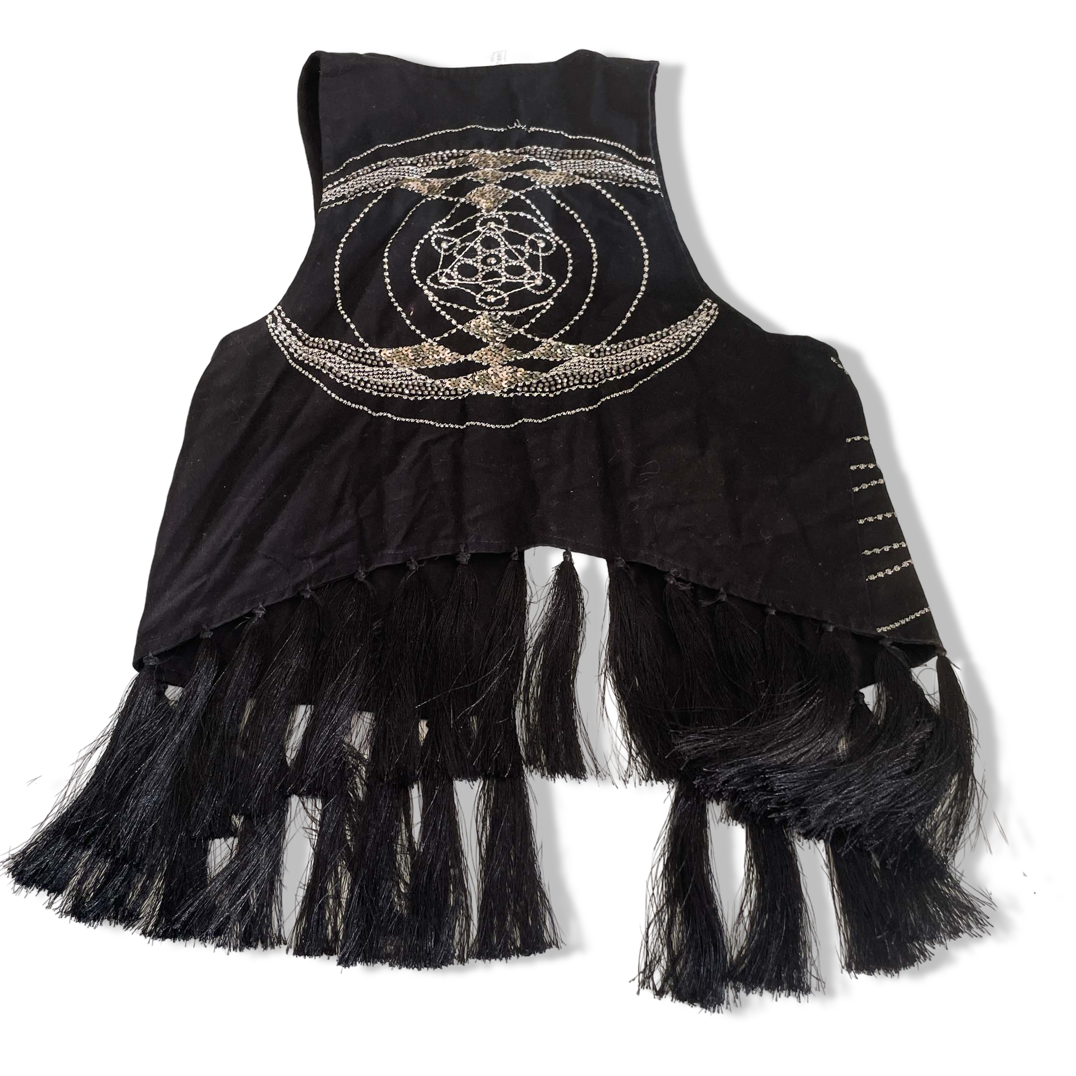 Vintage women H&M black pattern fringe sleeveless jacket in XS|L24 W15|SKU 6374