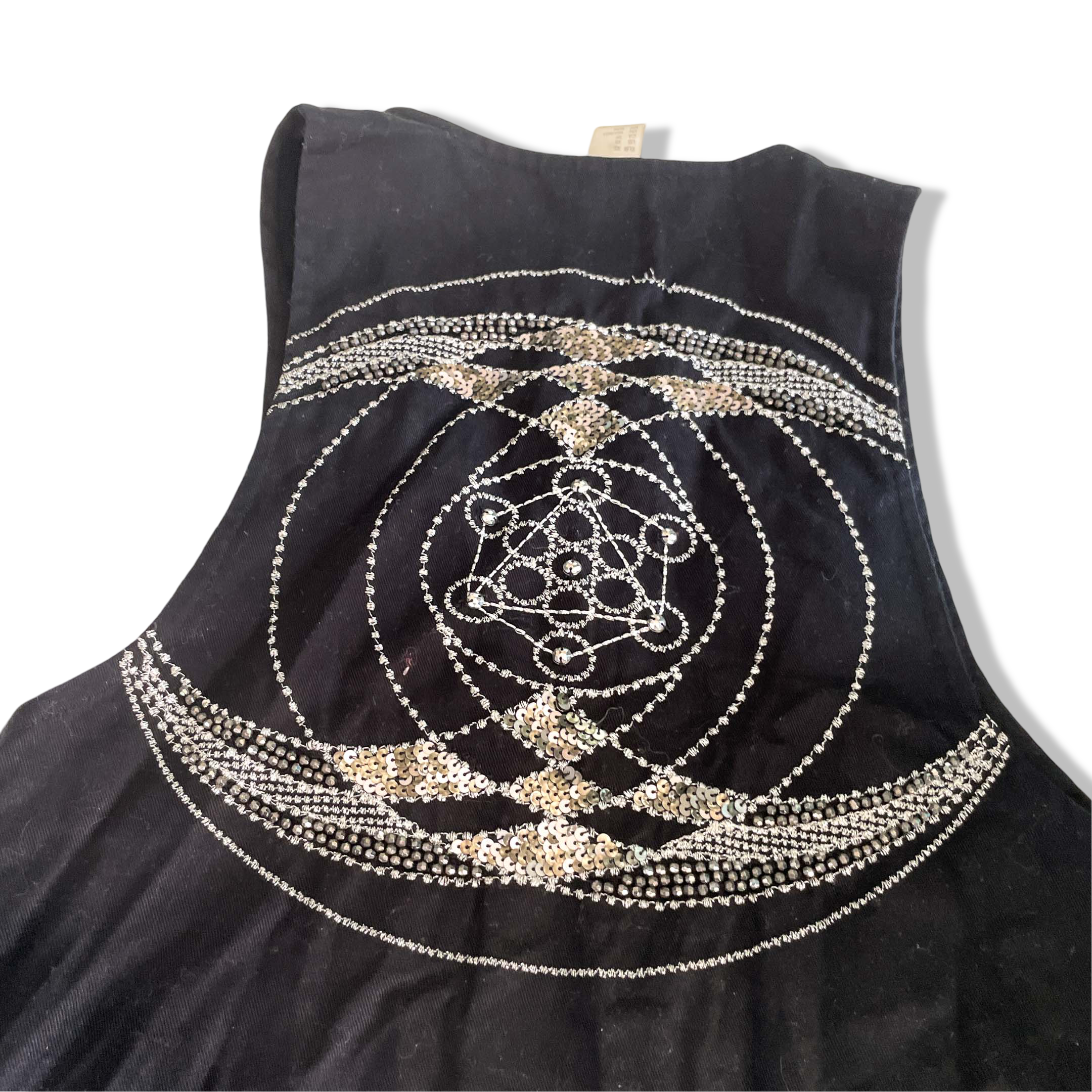 Vintage women H&M black pattern fringe sleeveless jacket in XS|L24 W15|SKU 6374
