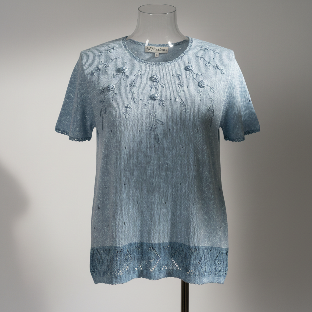 Vintage women Affection embroidery pale blue arcylic short sleeve top in XL|L24 W20| SKU 6380
