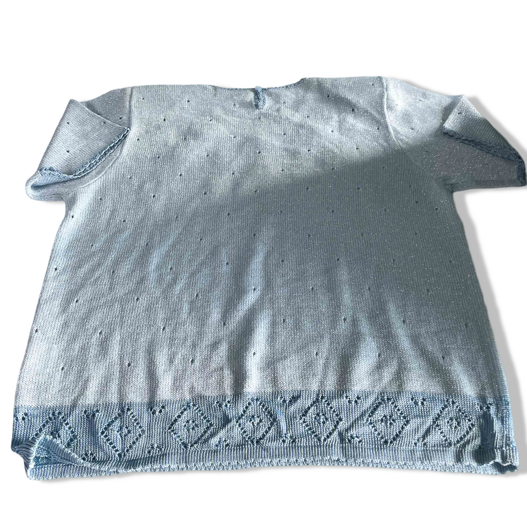 Vintage women Affection embroidery pale blue arcylic short sleeve top in XL|L24 W20| SKU 6380
