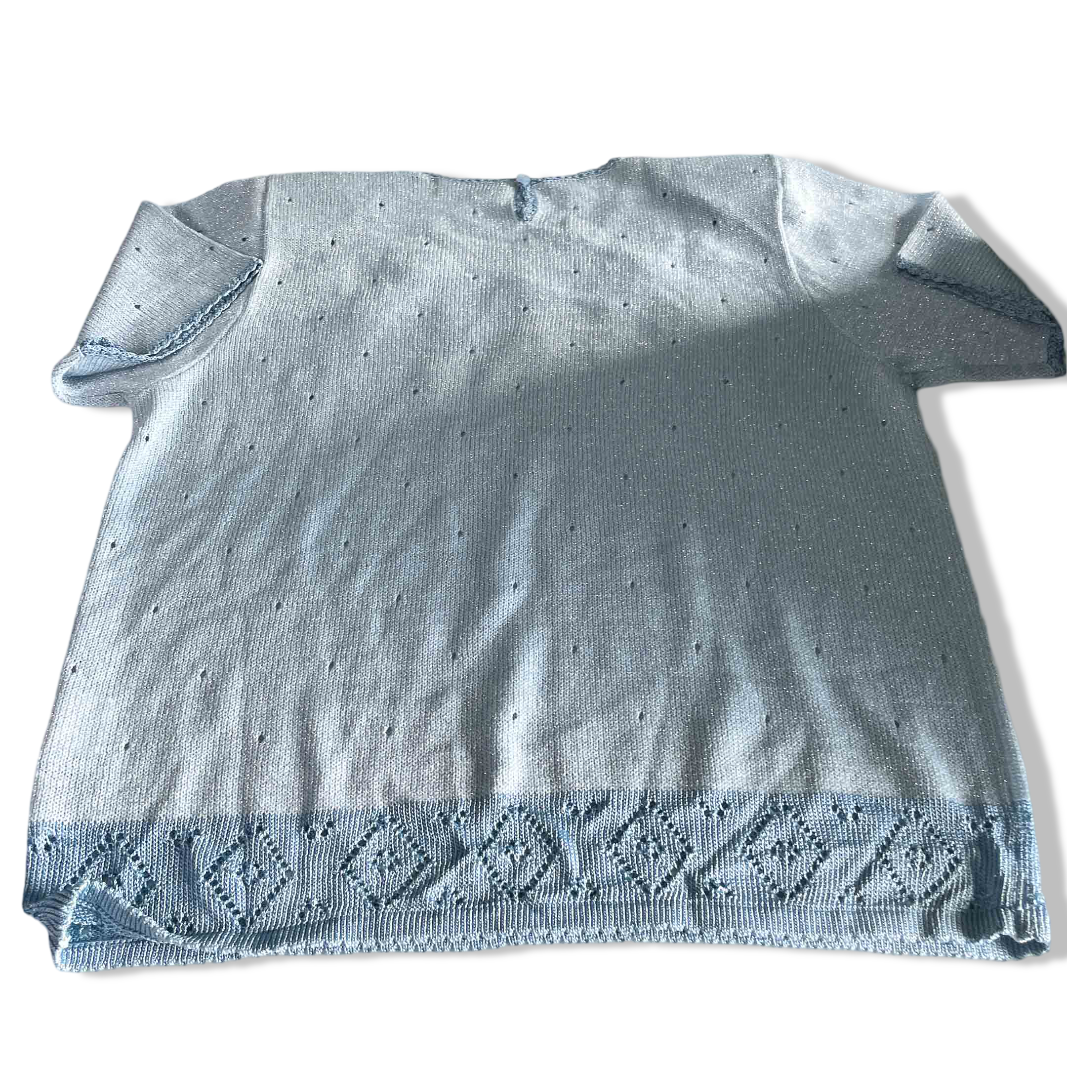 Vintage women Affection embroidery pale blue arcylic short sleeve top in XL|L24 W20| SKU 6380