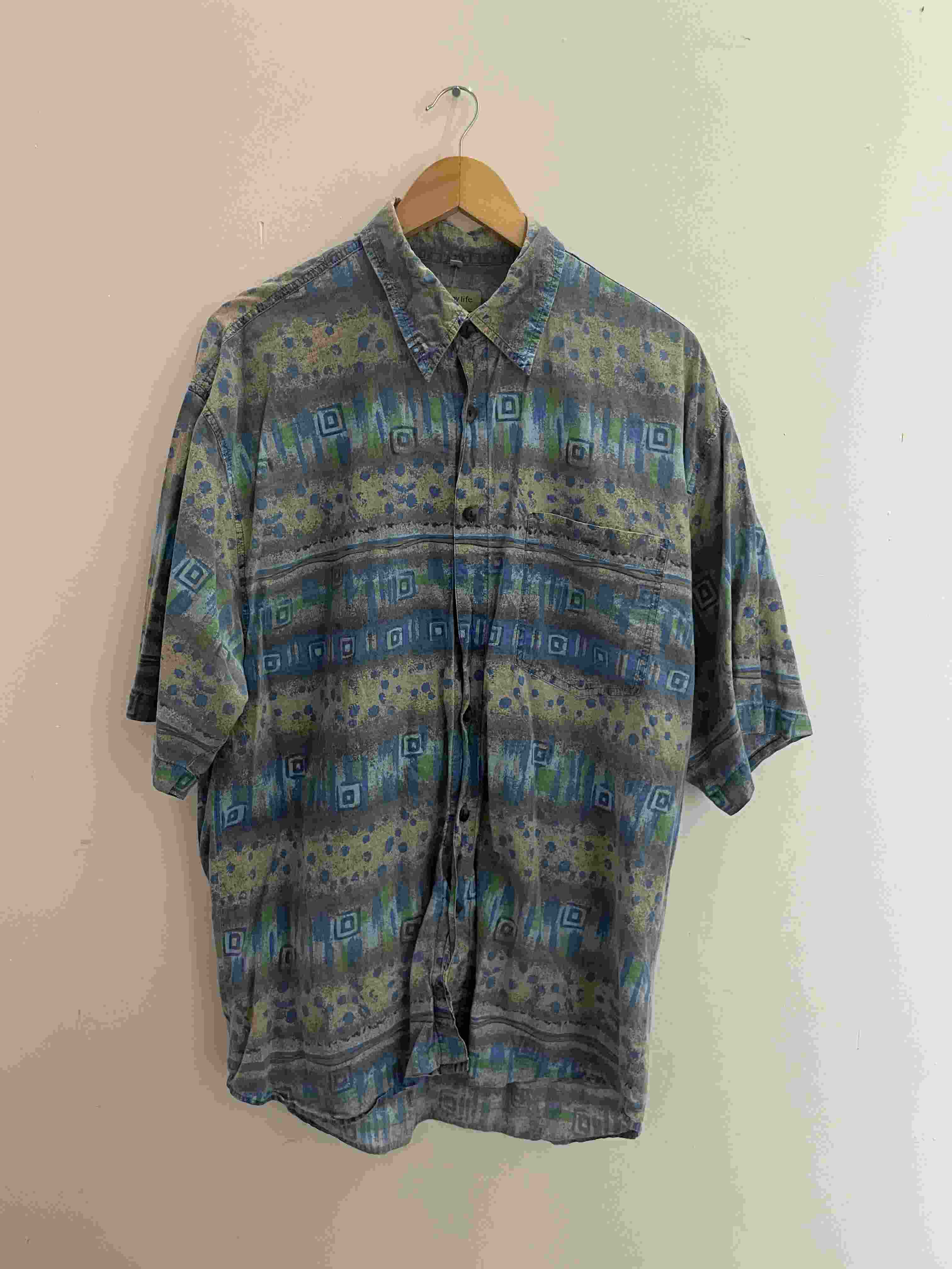 Vintage happy life mens abstract print blue XL shirt