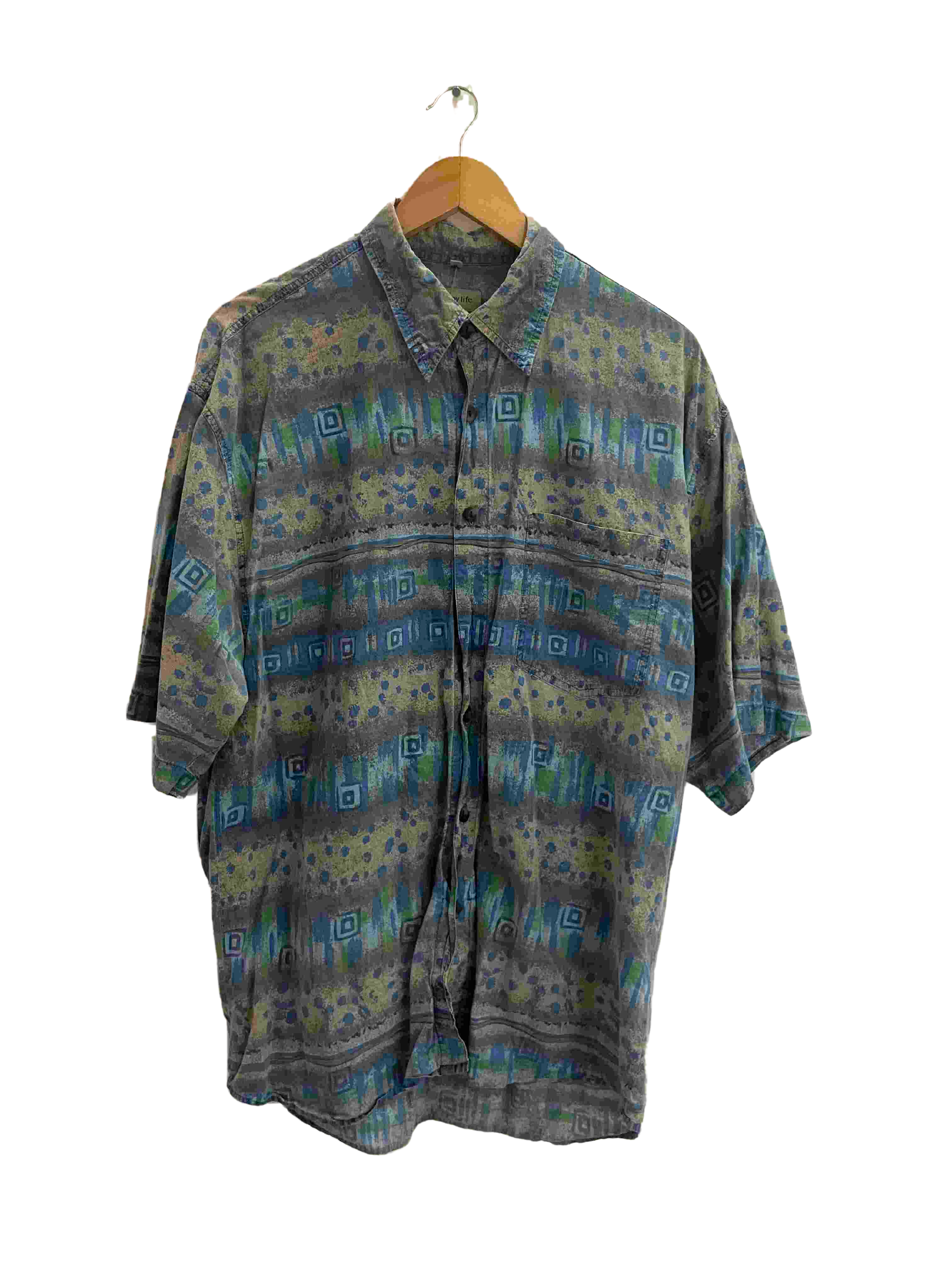 Vintage happy life mens abstract print blue XL shirt