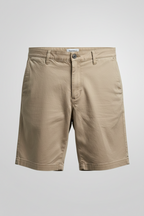 A pair of men's khaki chino shorts shown flat against a light gray background. The shorts feature a classic five-pocket design, belt loops, and a button closure.
