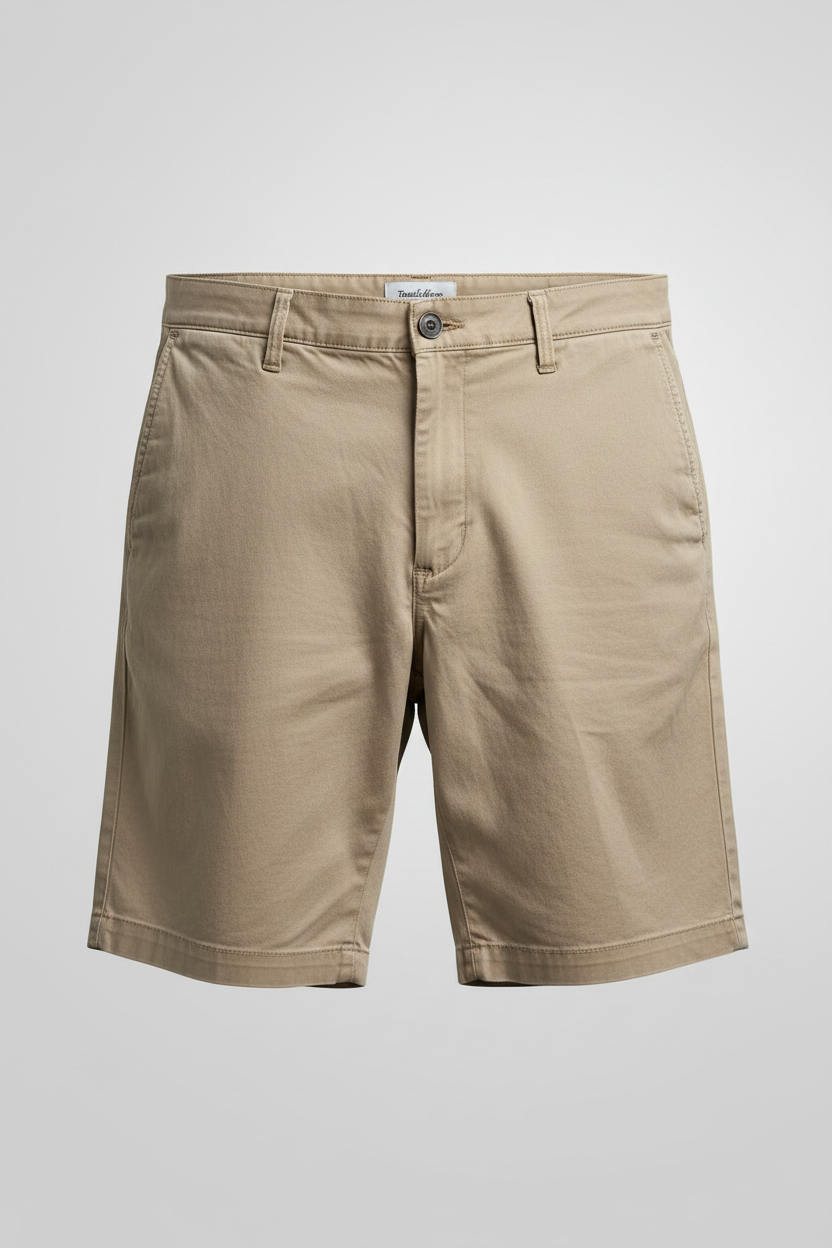 A pair of men's khaki chino shorts shown flat against a light gray background. The shorts feature a classic five-pocket design, belt loops, and a button closure.
