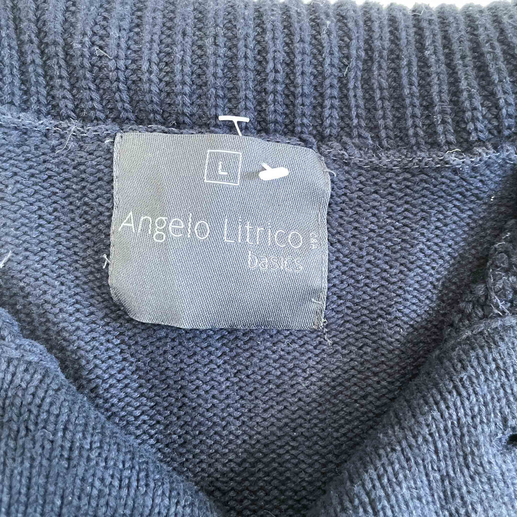 Vintage men Angelo Litrico navy collar button italian double pocket knitted sweater in L|L28 W22|SKU 6413