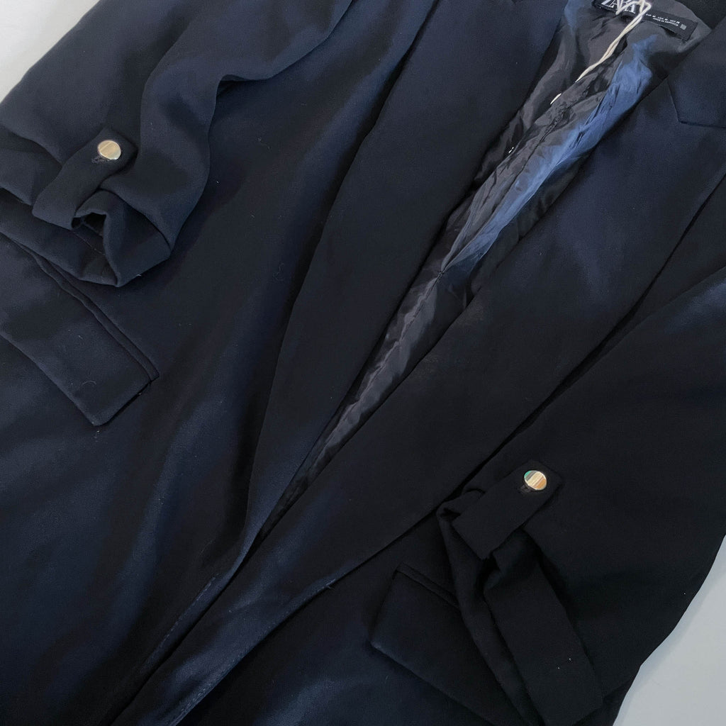 Vintage Zara women navy blue roll up sleeve blazer in L|SKU 6426