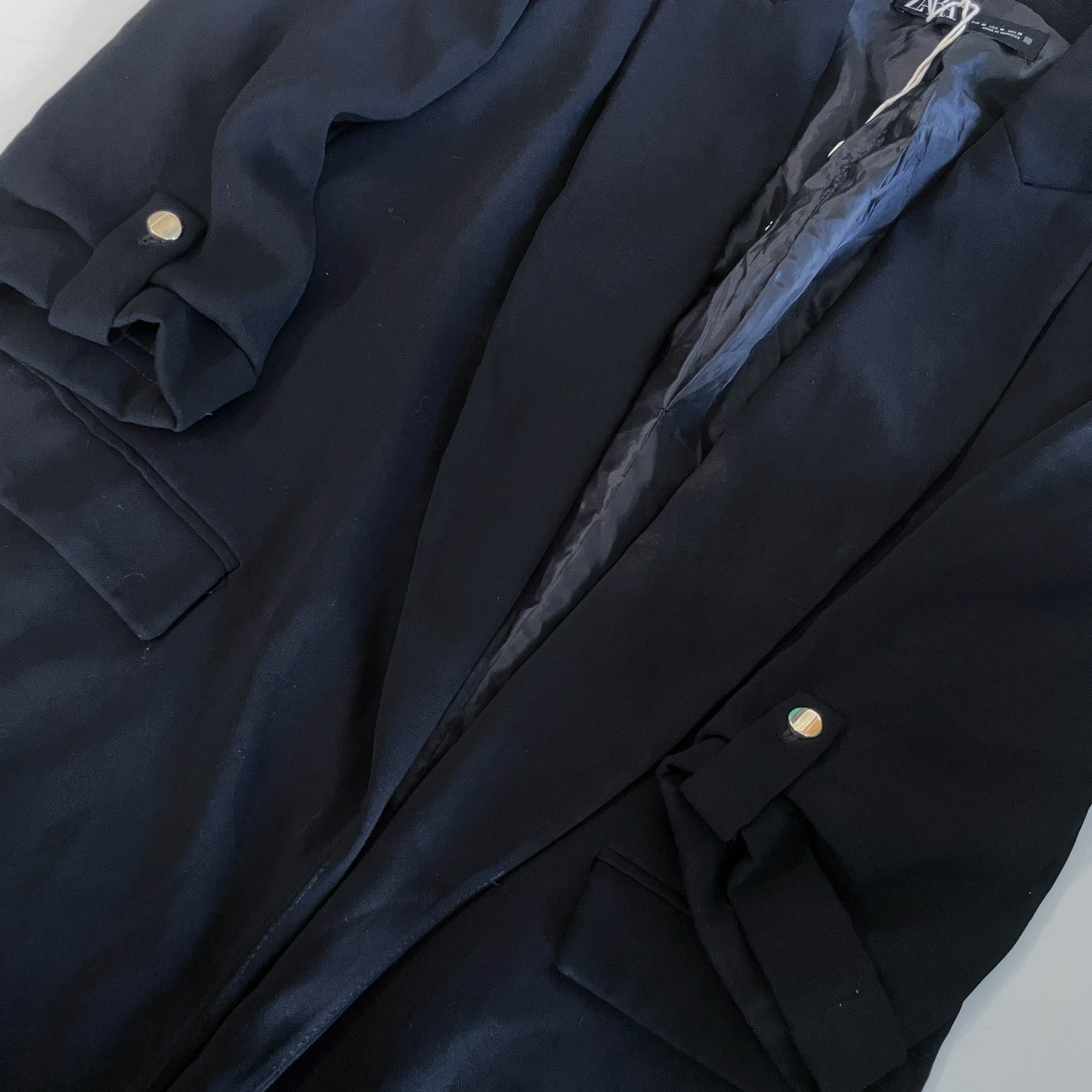 Vintage Zara women navy blue roll up sleeve blazer in L|SKU 6426