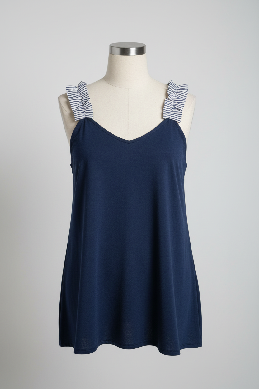 Vintage women V-neck stripe Navy sleeveless solid tank top in L/XL|L23 W17|SKU 6438