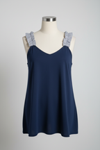Vintage women V-neck stripe Navy sleeveless solid tank top in L/XL|L23 W17|SKU 6438
