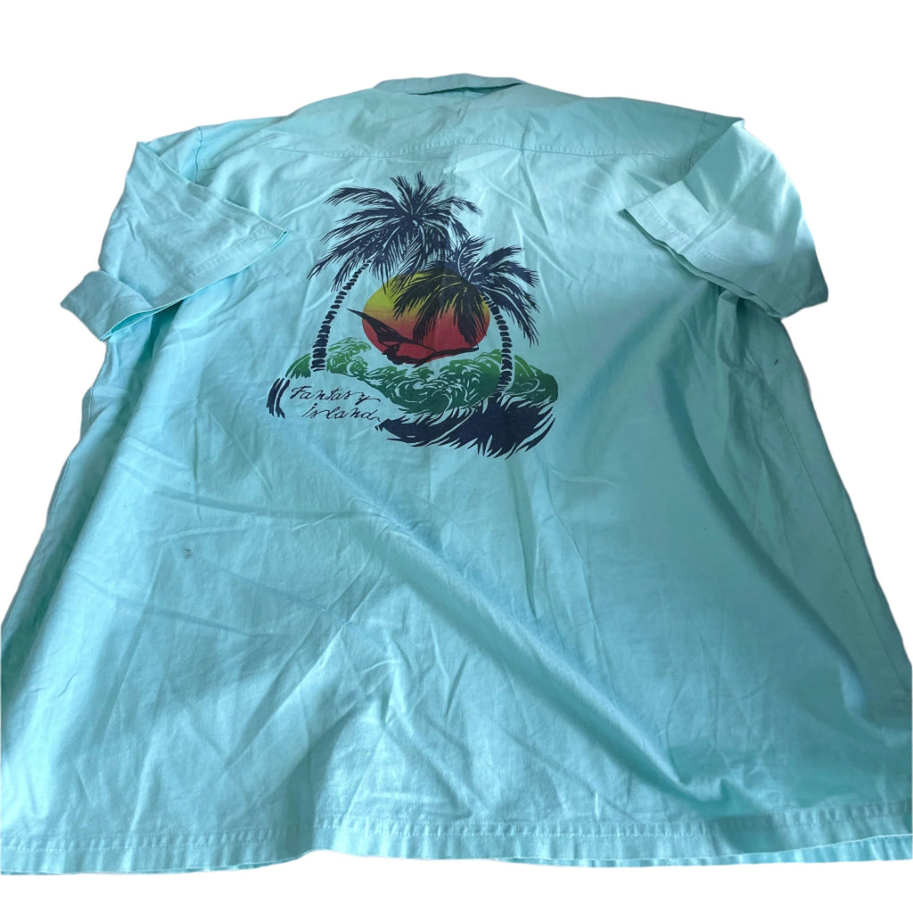 Vintage men 90's  green hawaiin graphics beach short sleeve shirt in L|L31 W20|SKU 6450
