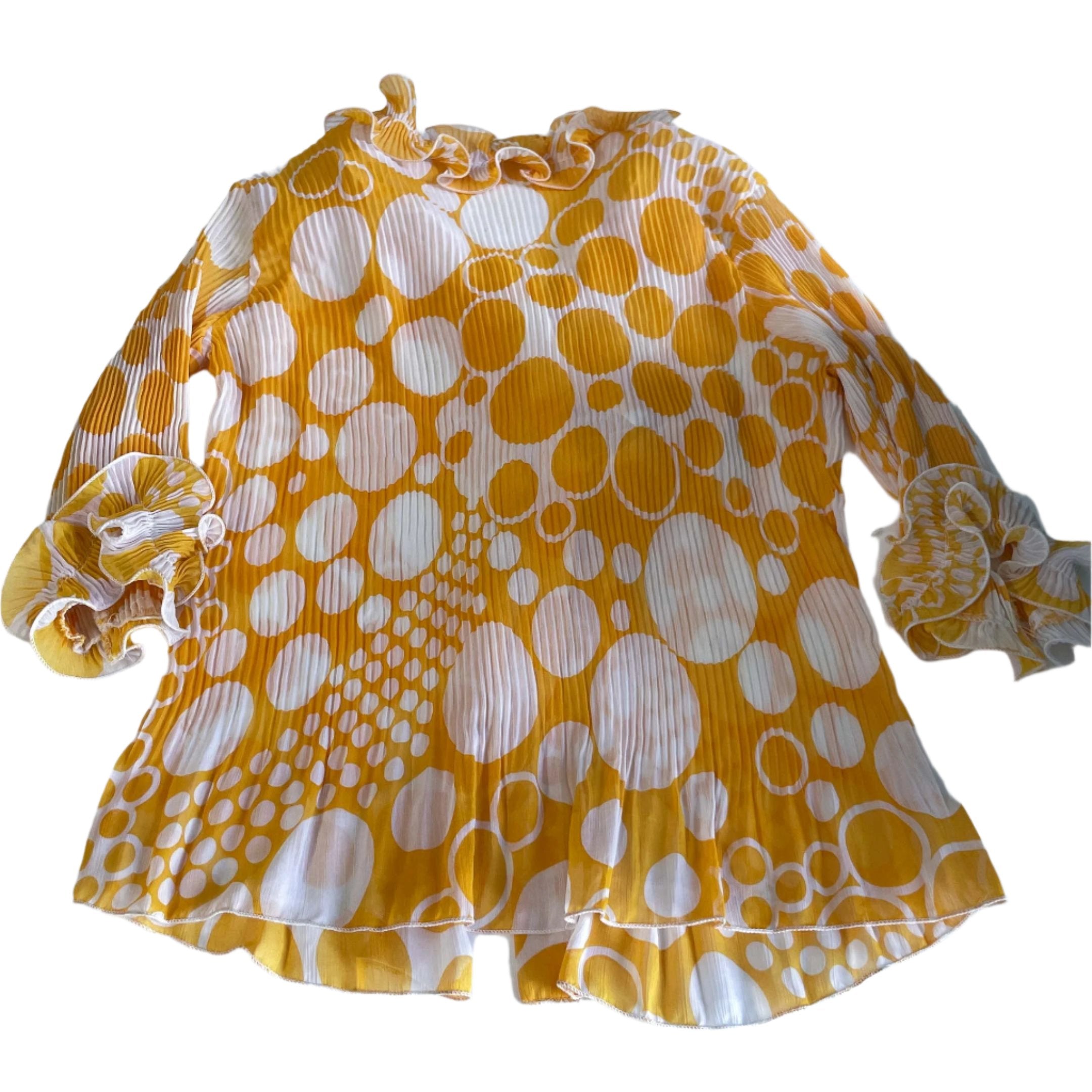 Vintage women yellow geometric ruffle neck linen blouse in M|L26 W16|SKU 6452