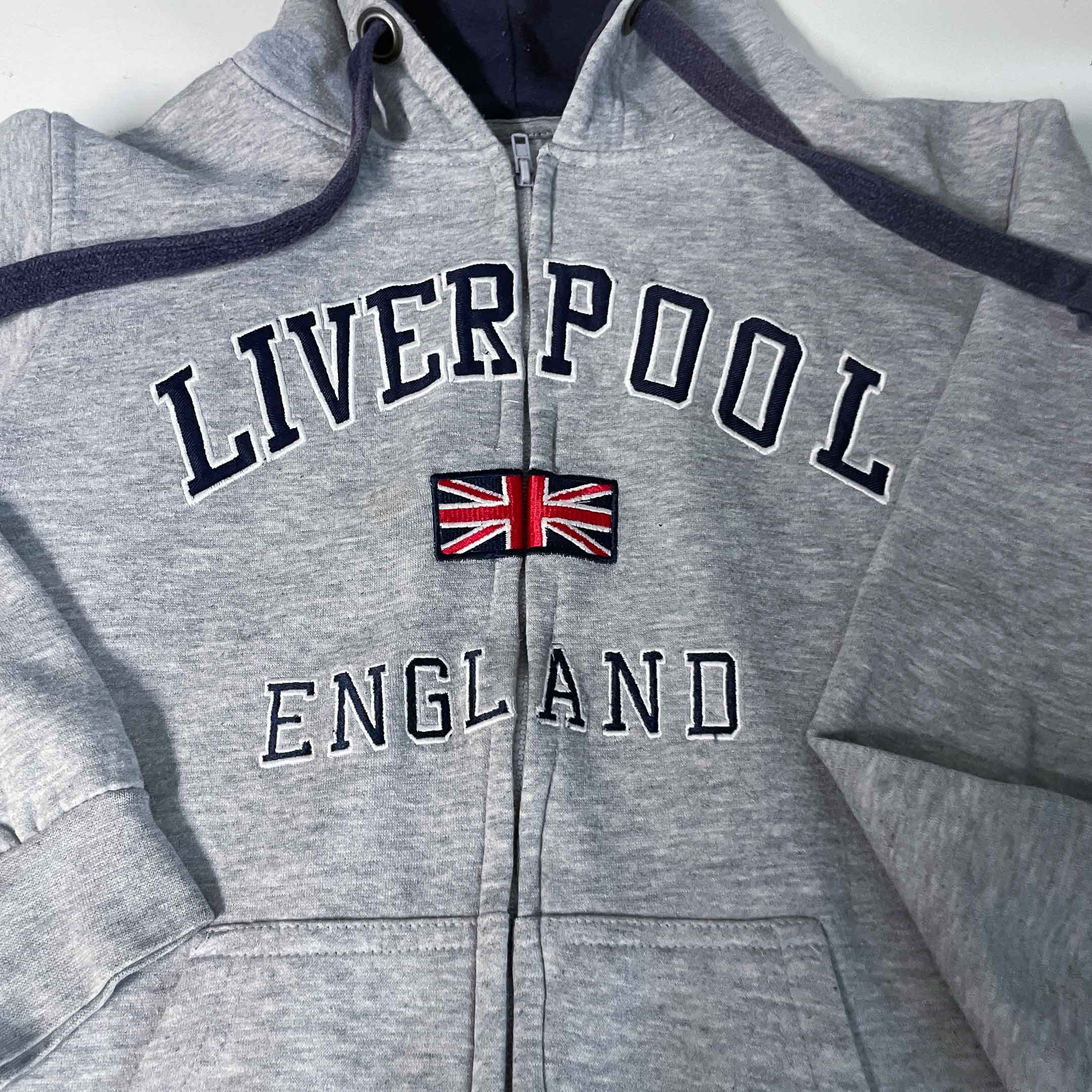Vintage men Liverpool England graphics City Fashion grey full zip hoodie in S|L24 W22|SKU 6493
