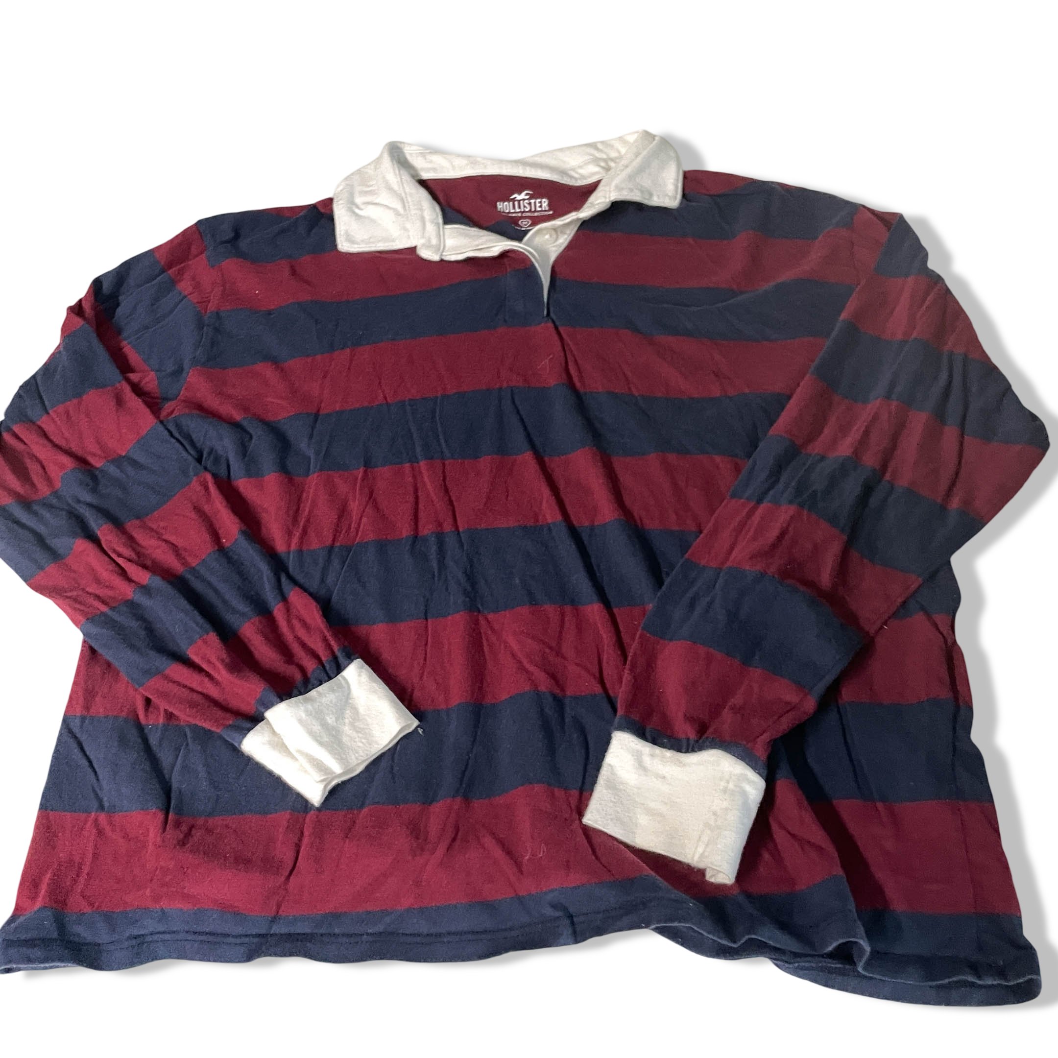 Vintage women Hollister Burgundy and navy stripe long sleeve polo shirt in M|L27 W19|SKU 6495