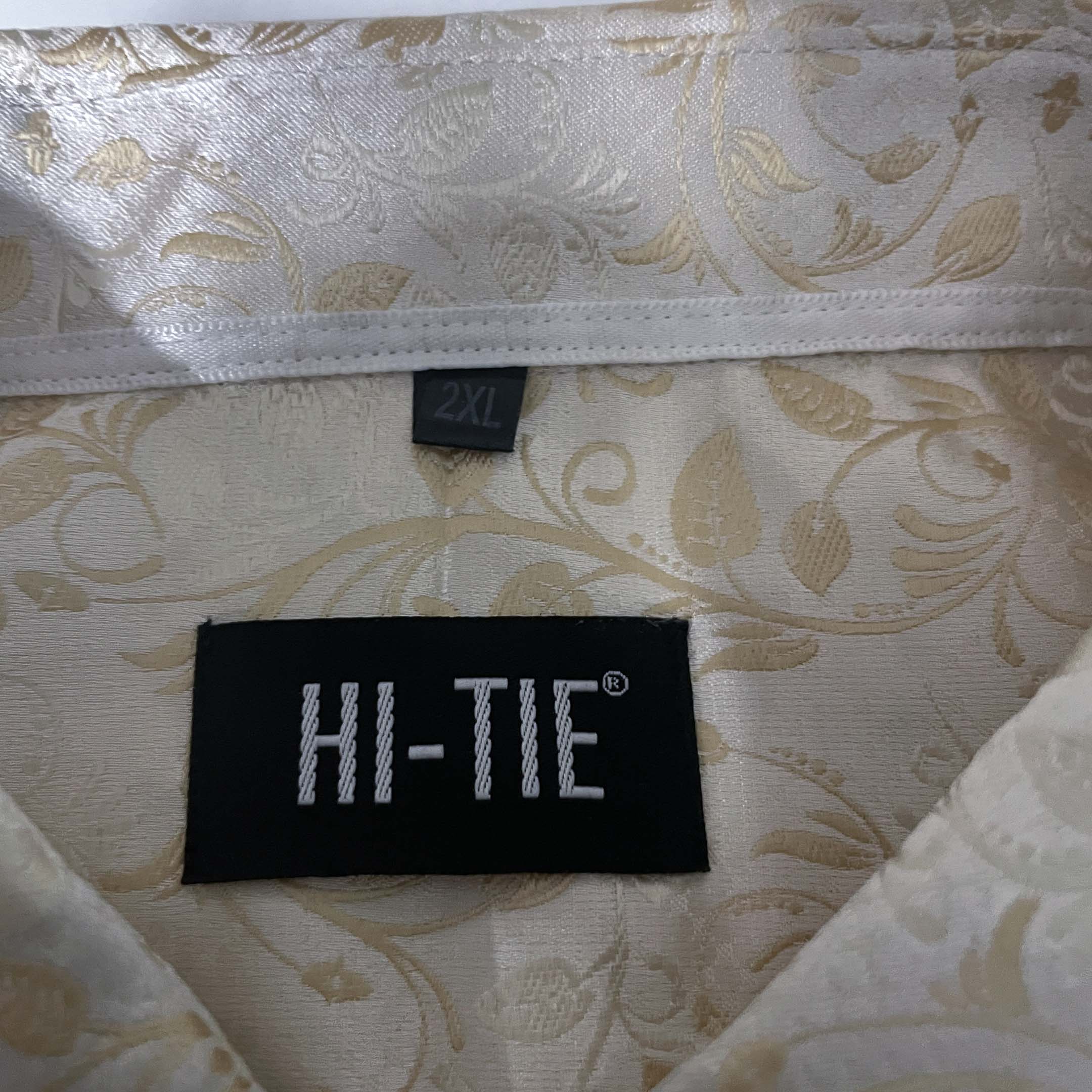 Vintage men Cream Hi Tie floral silk jacquard long sleeve shirt in 2XL|L25 W33|SKU 6506