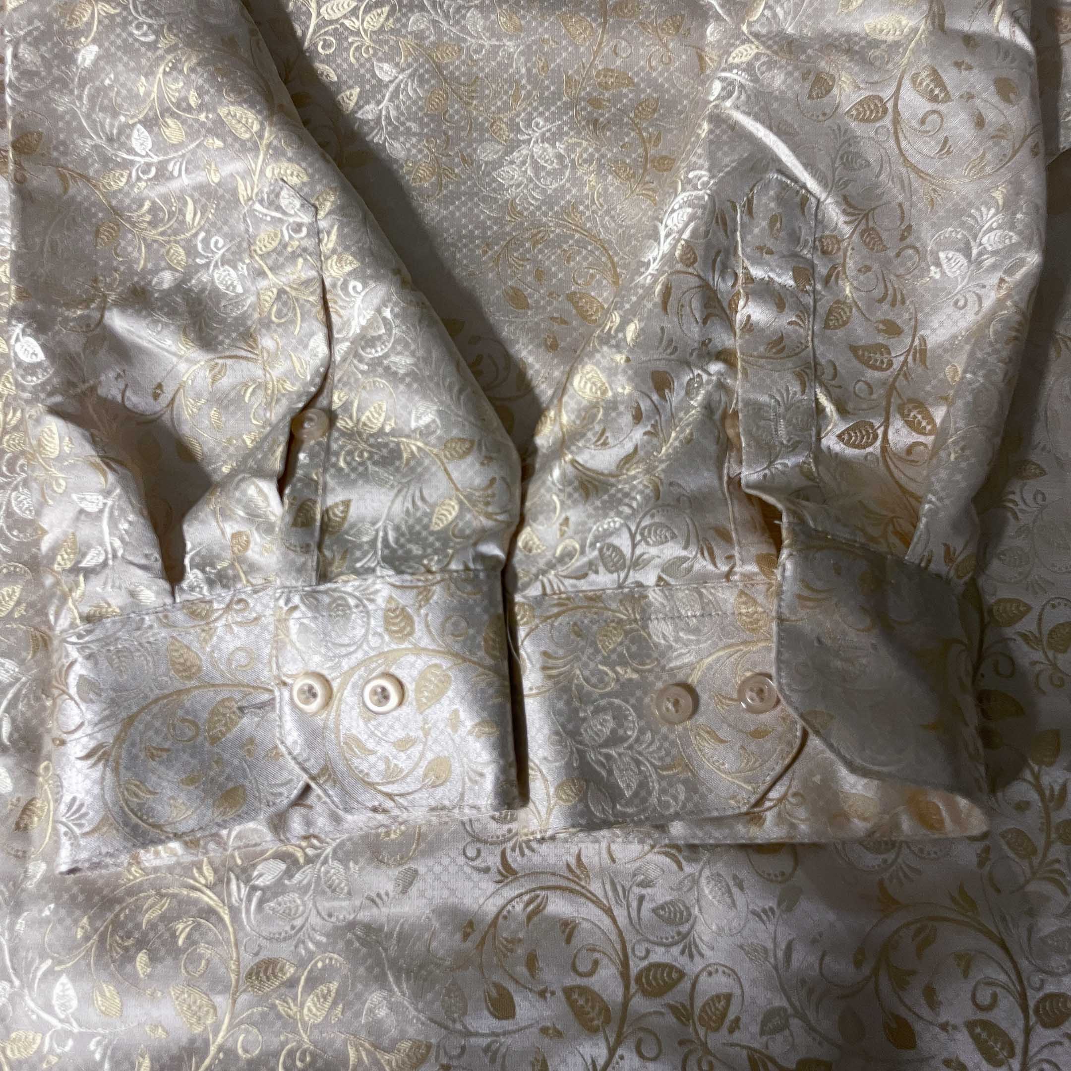 Vintage men Cream Hi Tie floral silk jacquard long sleeve shirt in 2XL|L25 W33|SKU 6506