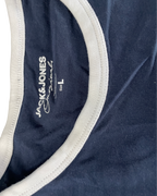 JACK & JONES MENS GRAPHIC T-SHIRT TOP LARGE NAVY BLUE COTTON L28 W19|SKU 5015