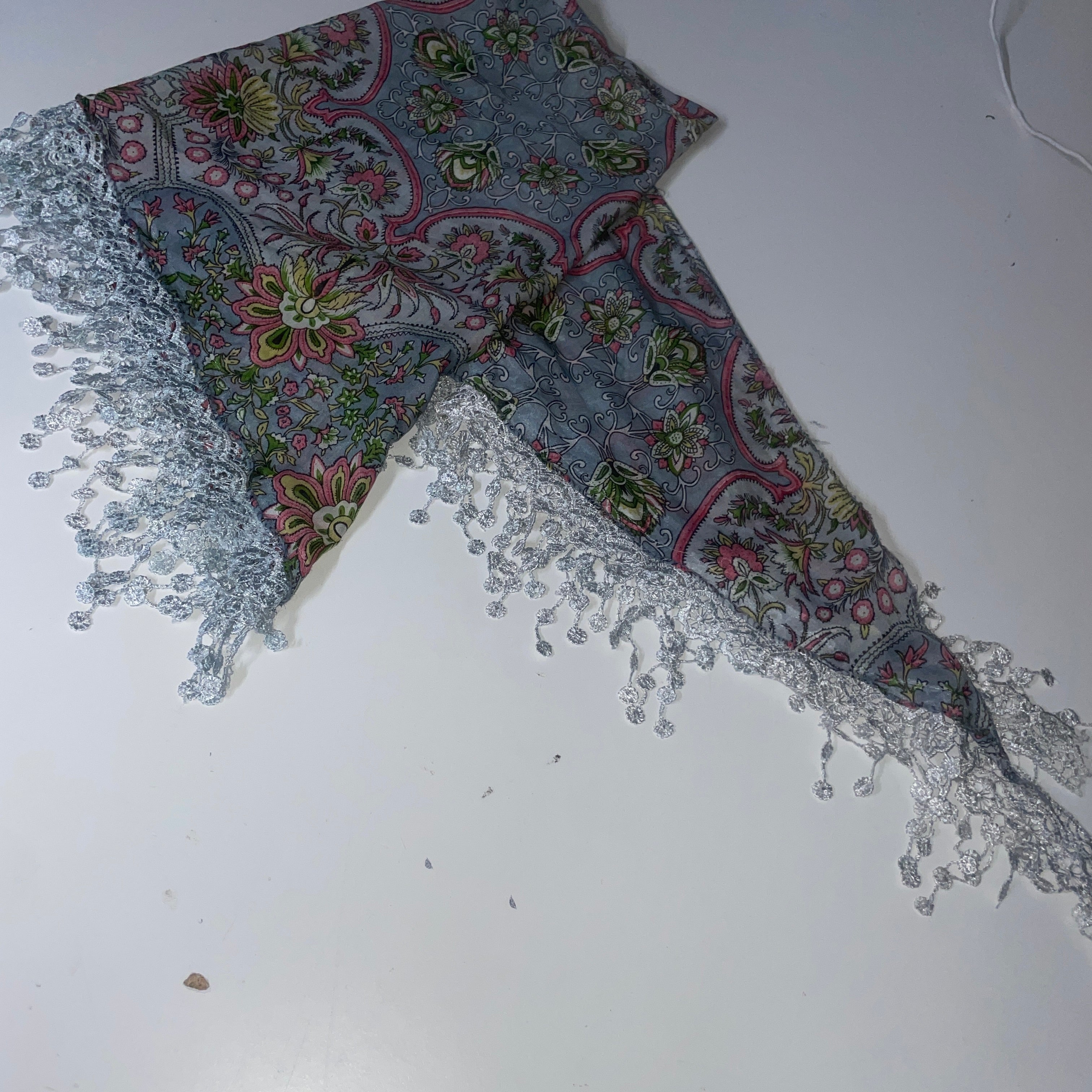 Vintage women grey floral print viscose scarf|L64 W18|SKU 6515