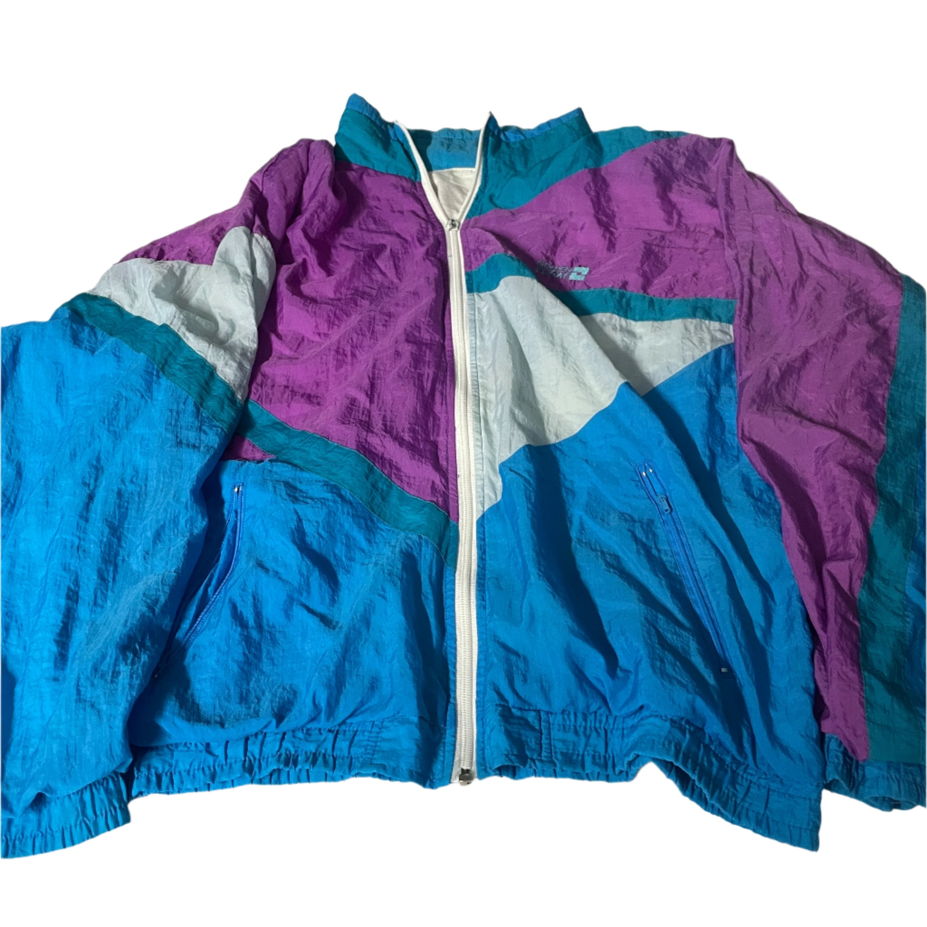 Vintage unisex 90's Golden Team colorblock purple blue wind breaker full zip jacket in L|L28 W27|SKU 6526