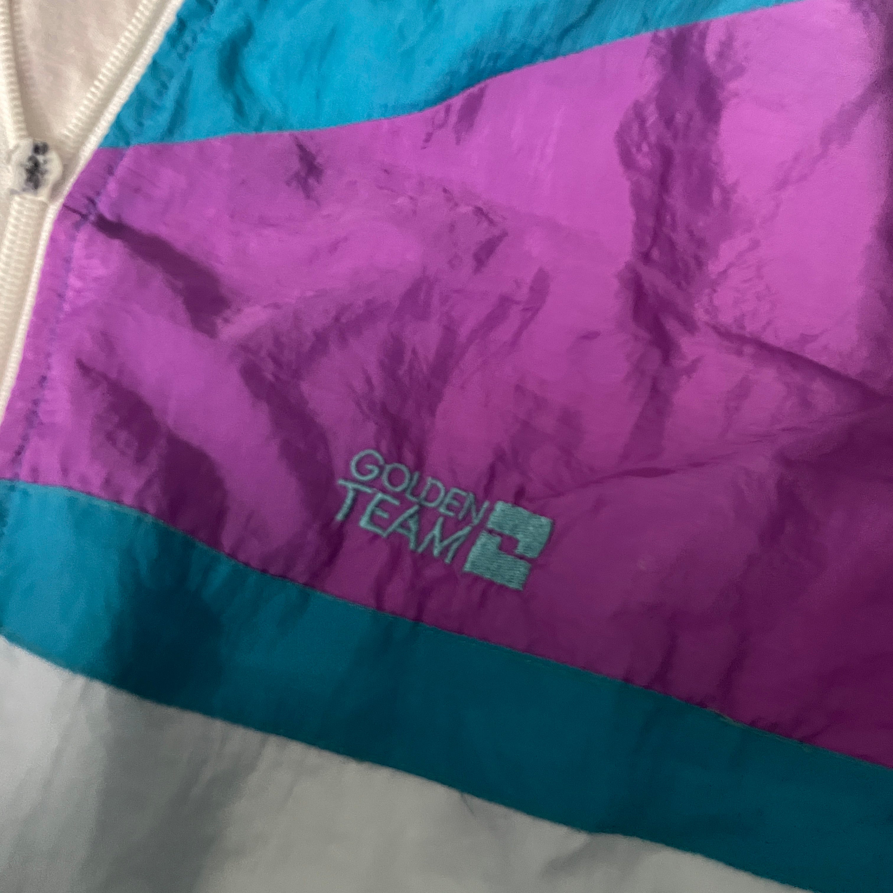 Vintage unisex 90's Golden Team colorblock purple blue wind breaker full zip jacket in L|L28 W27|SKU 6526