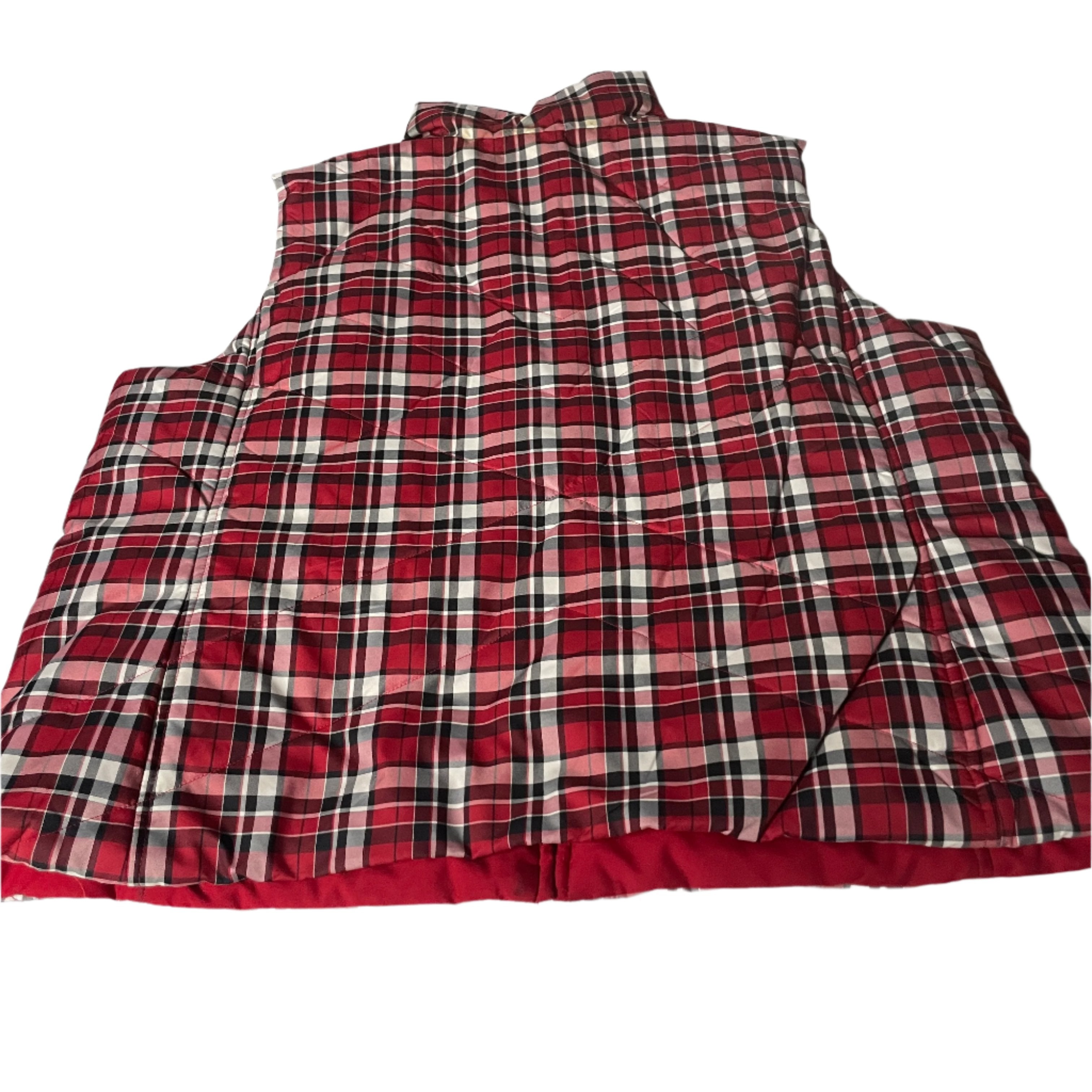 Vintage Jones New York red check polyester padded reversible oversize sleeveless jacket in 2XL|L28 W25|SKU 6534