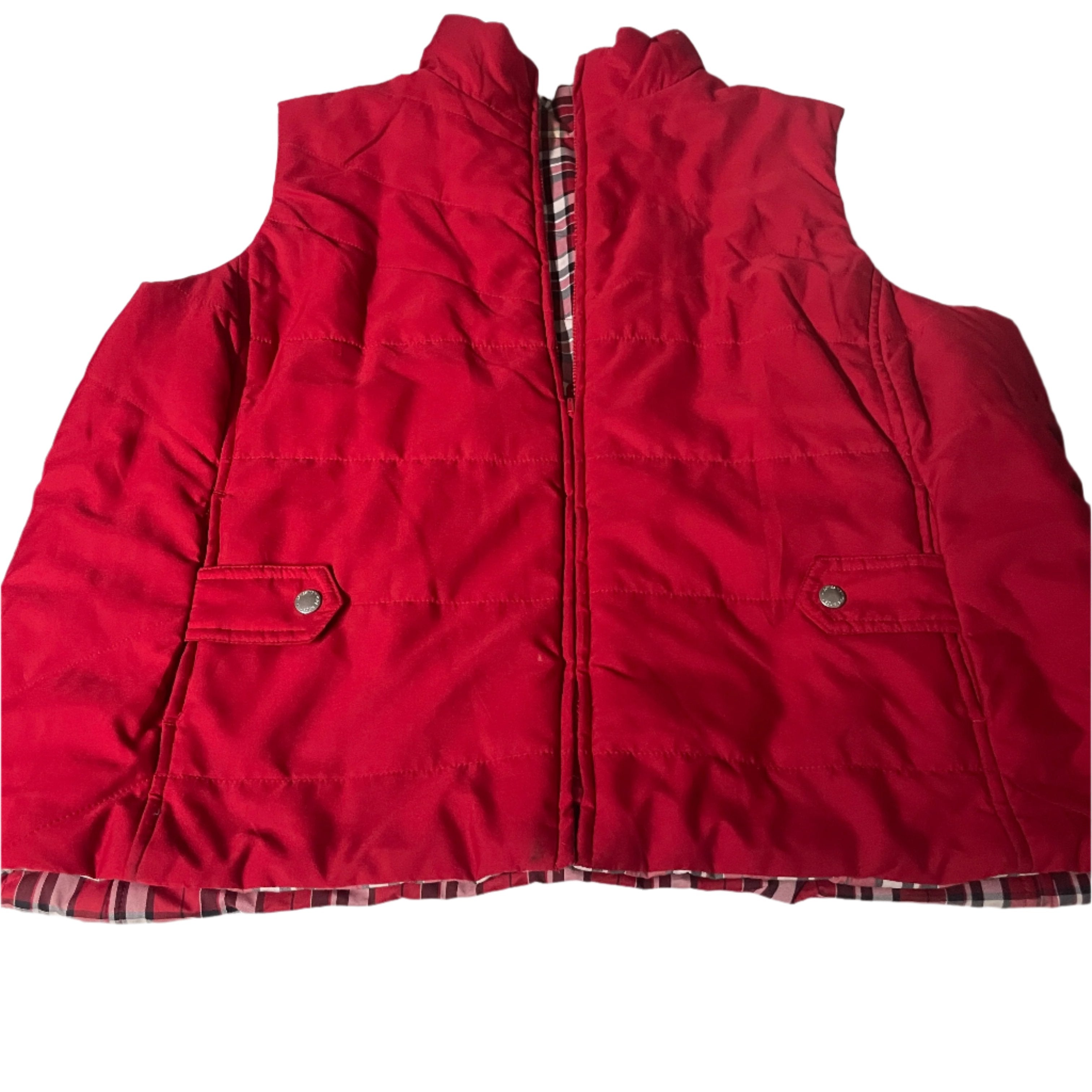 Vintage Jones New York red check polyester padded reversible oversize sleeveless jacket in 2XL|L28 W25|SKU 6534