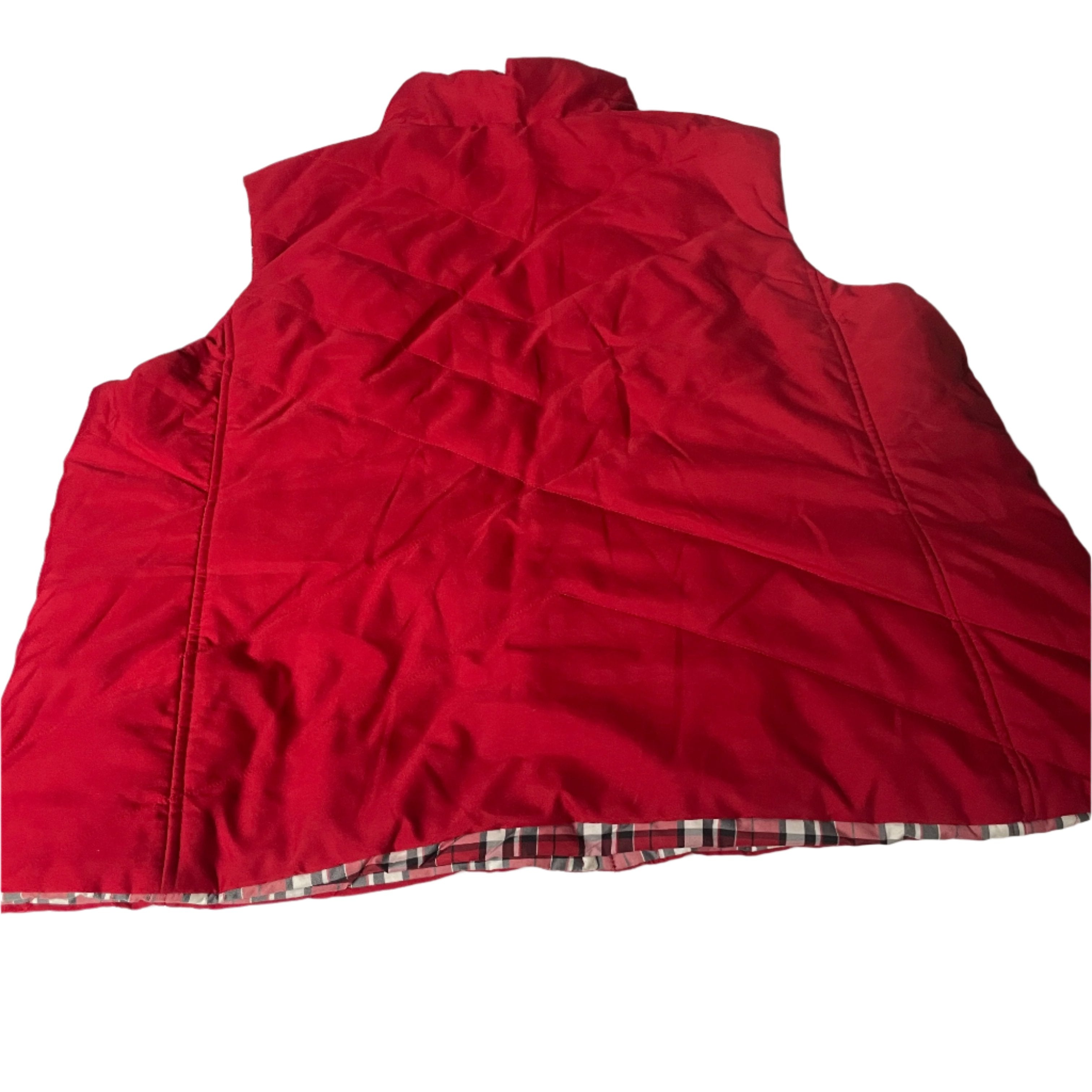 Vintage Jones New York red check polyester padded reversible oversize sleeveless jacket in 2XL|L28 W25|SKU 6534