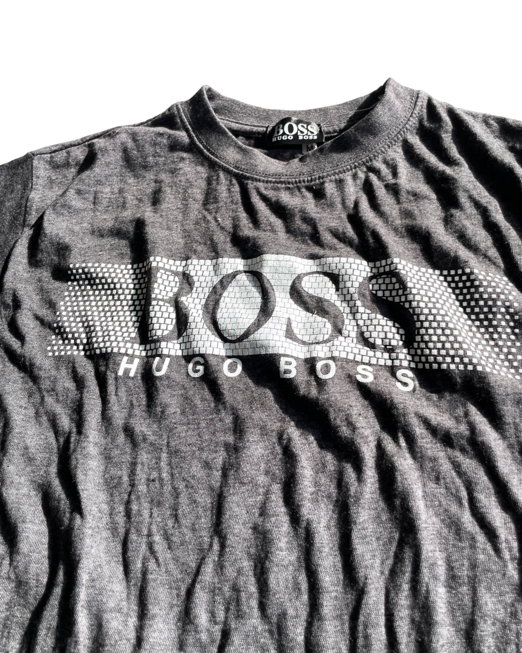 Vintage Hugo Boss Men's Grey and Green T-Shirt. In size medium