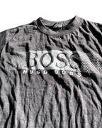 Vintage Hugo Boss Men's Grey and Green T-Shirt. In size medium