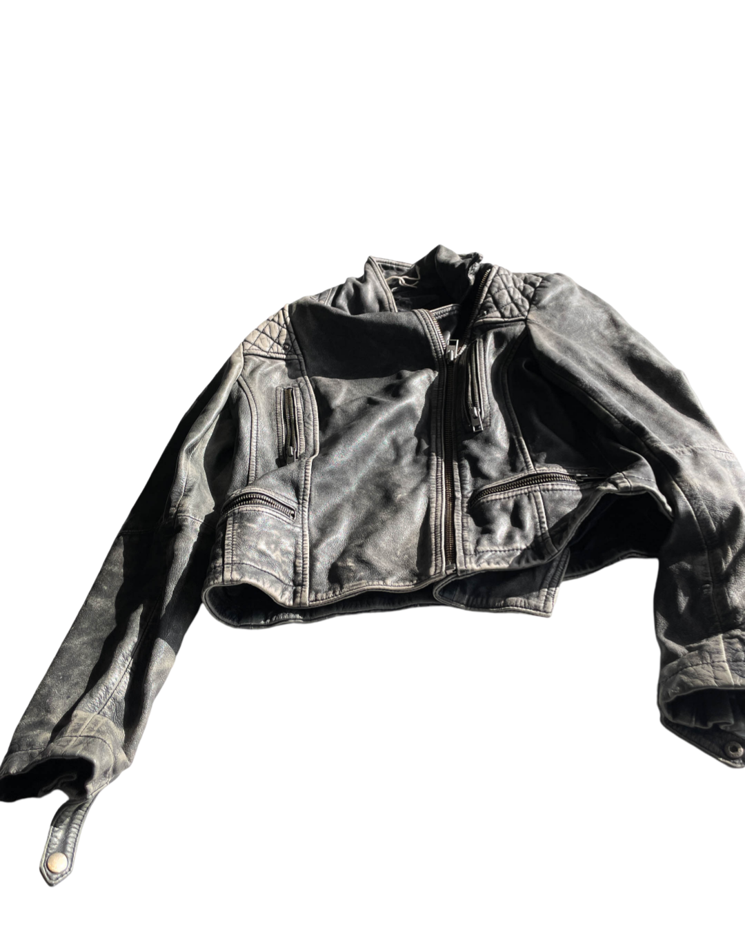 Vintage Cropped All Saints Conroy Grey Leather Biker Jacket. In size UK 12|SKU 5067