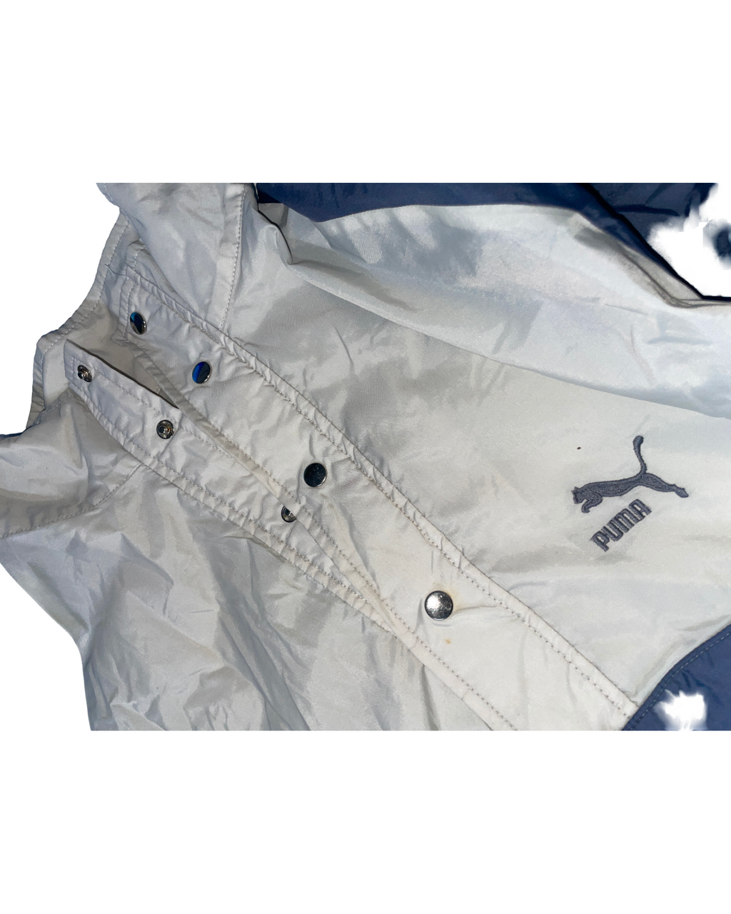 Puma Windbreaker Jacket Size  Medium Large Black White Blue Tuck Away Hood Nylon Men’s  lL29  W24 SKU 5096