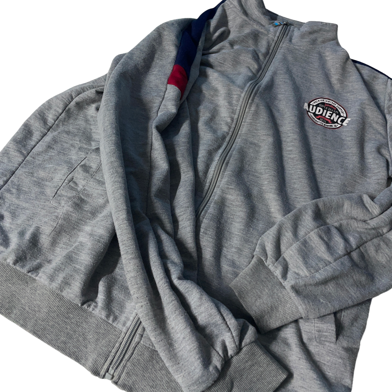  Vintage full Zip crest Logo Sweater, Grey Jumper Size M L 29 W 21 SKU 5103