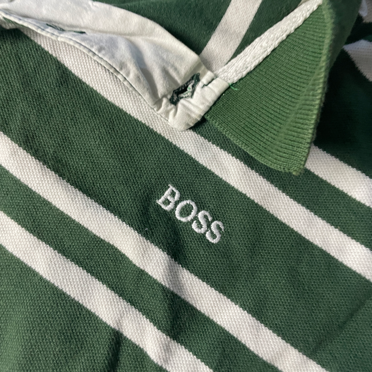 Vintage Hugo Boss Women's Green and White Shirt. SKU 5111
