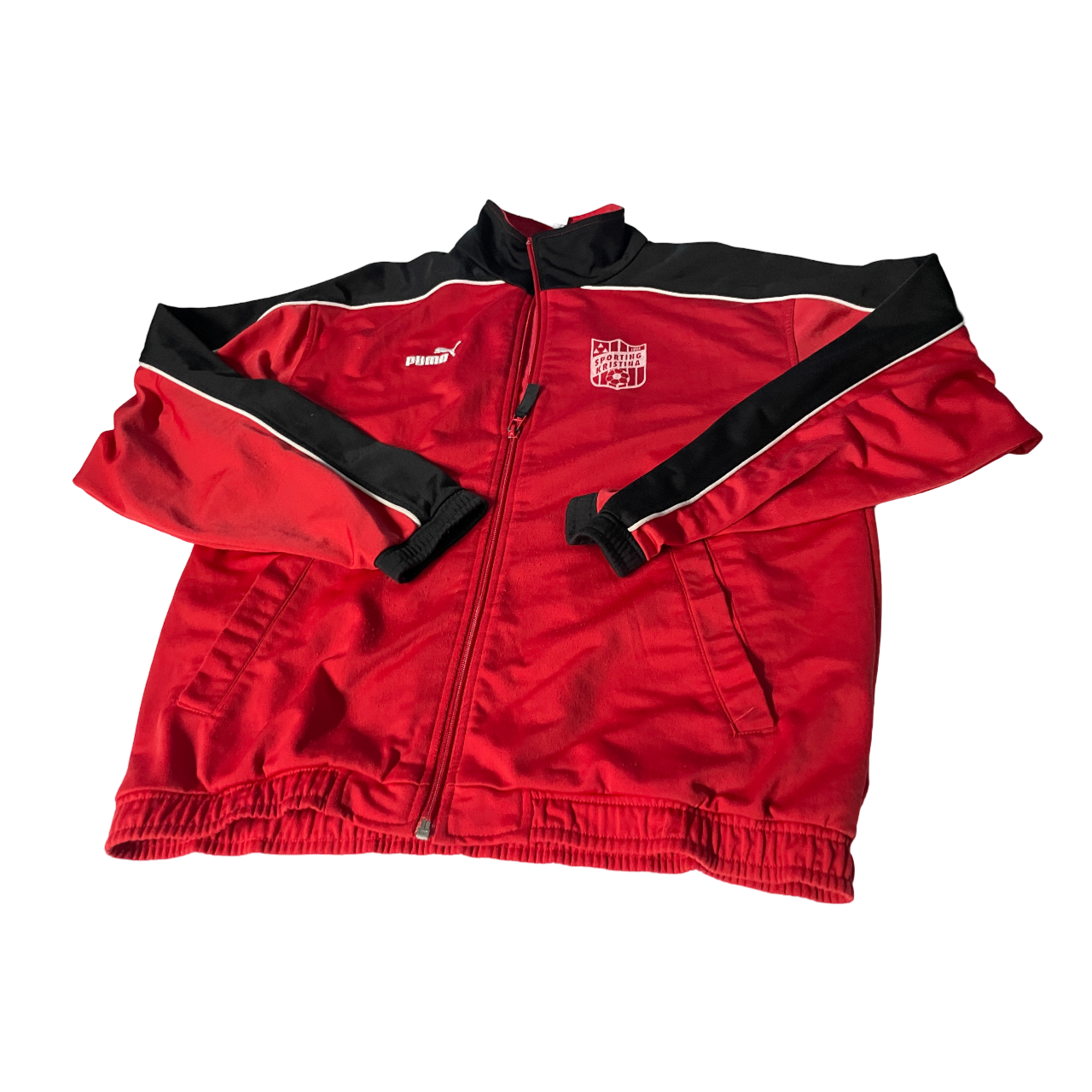  Vintage Puma Track Jacket 90s red black   Finnish football team Sporting Kristina  track top SIZE M/L  L 27 W 21  SKU 5135