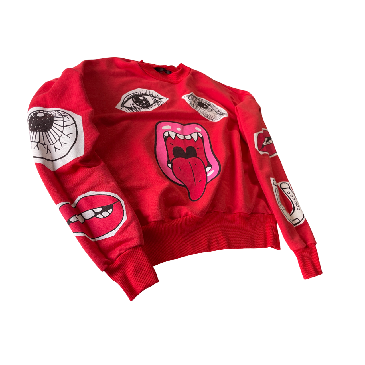 Abstract Face Printed Pink Sweater RED EYES LIPS PRINTED SWEATSHIRT - L 26 W 26 SKU 5159
